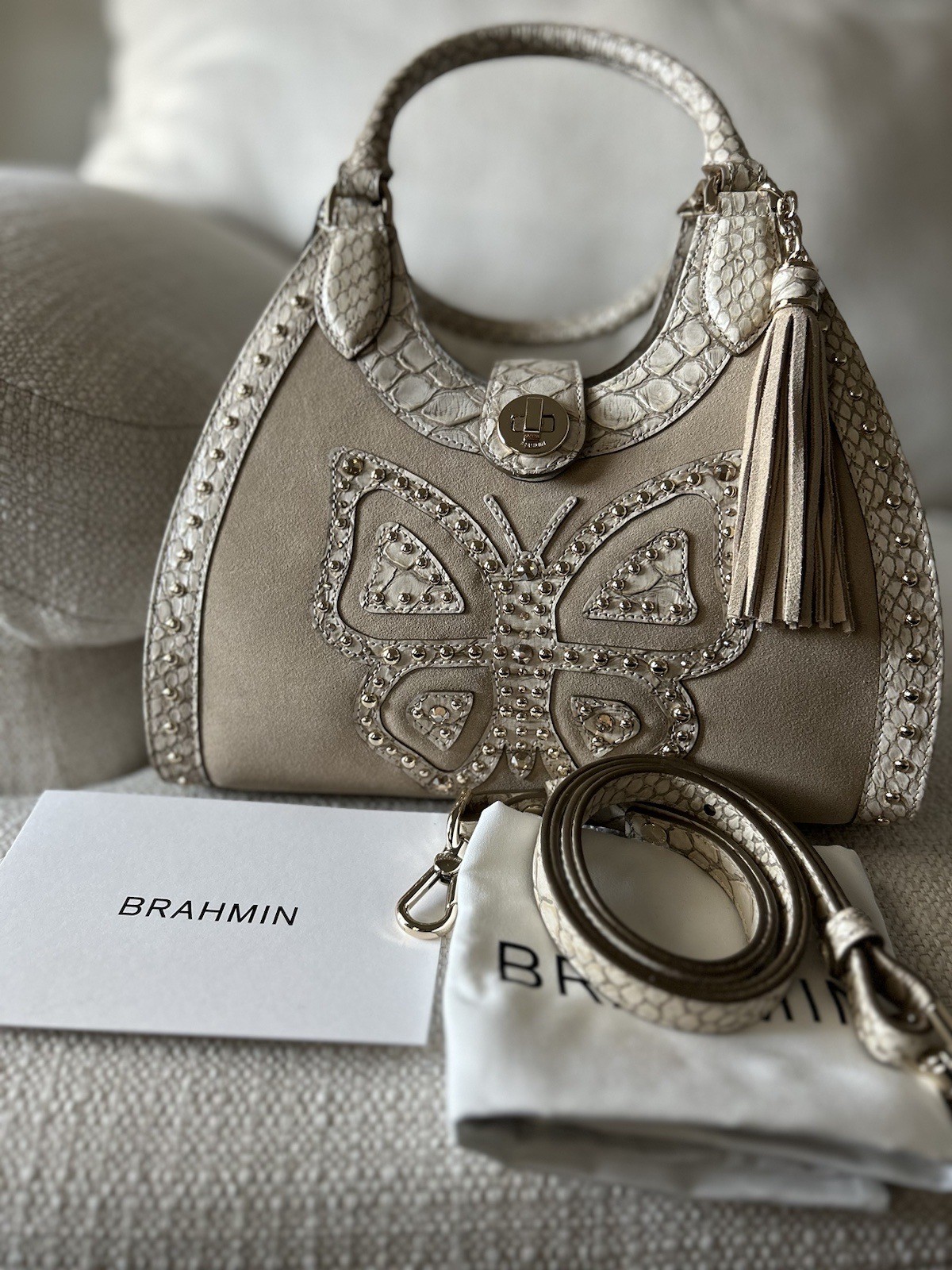 Brahmin Premier Collection Adrian Wind Chime Sapelo Butterfly Crystals NWT 🤍