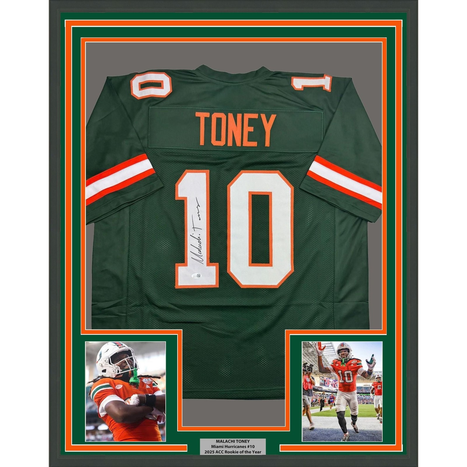 Framed Autographed/Signed Malachi Toney 35x39 Miami Green Jersey JSA COA