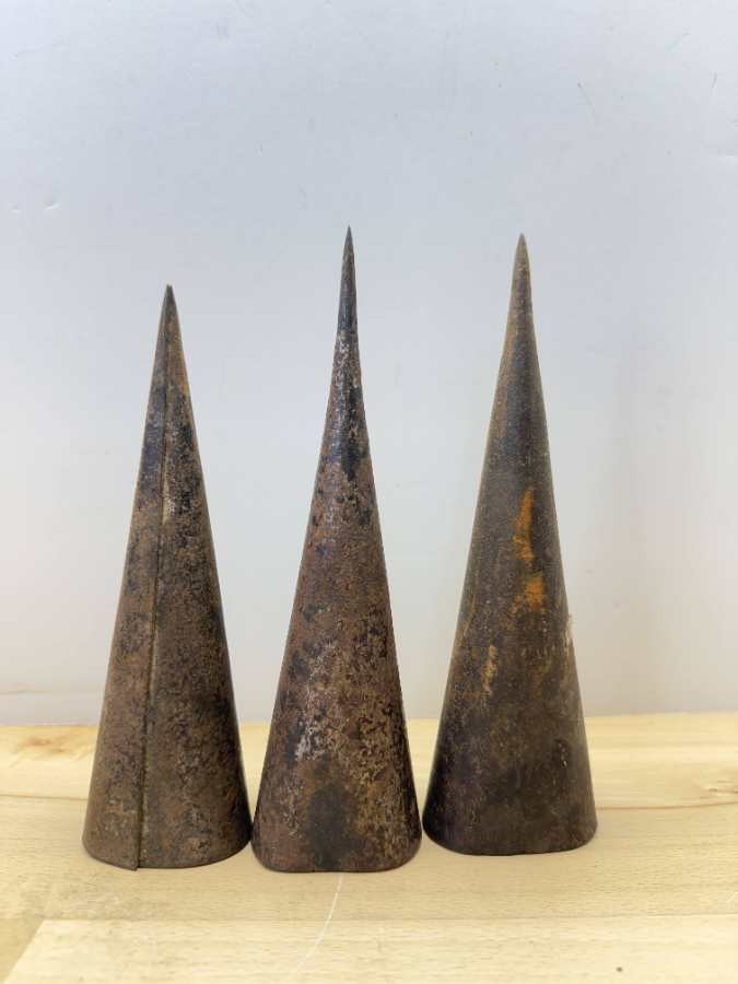 3 Vintage Rusted Metal Cone Shaped Industrial Tools or Objects tobacco spear spi 3 Vintage Rusted Metal Cone Shaped Industrial Tools or Objects tobacco spear spi