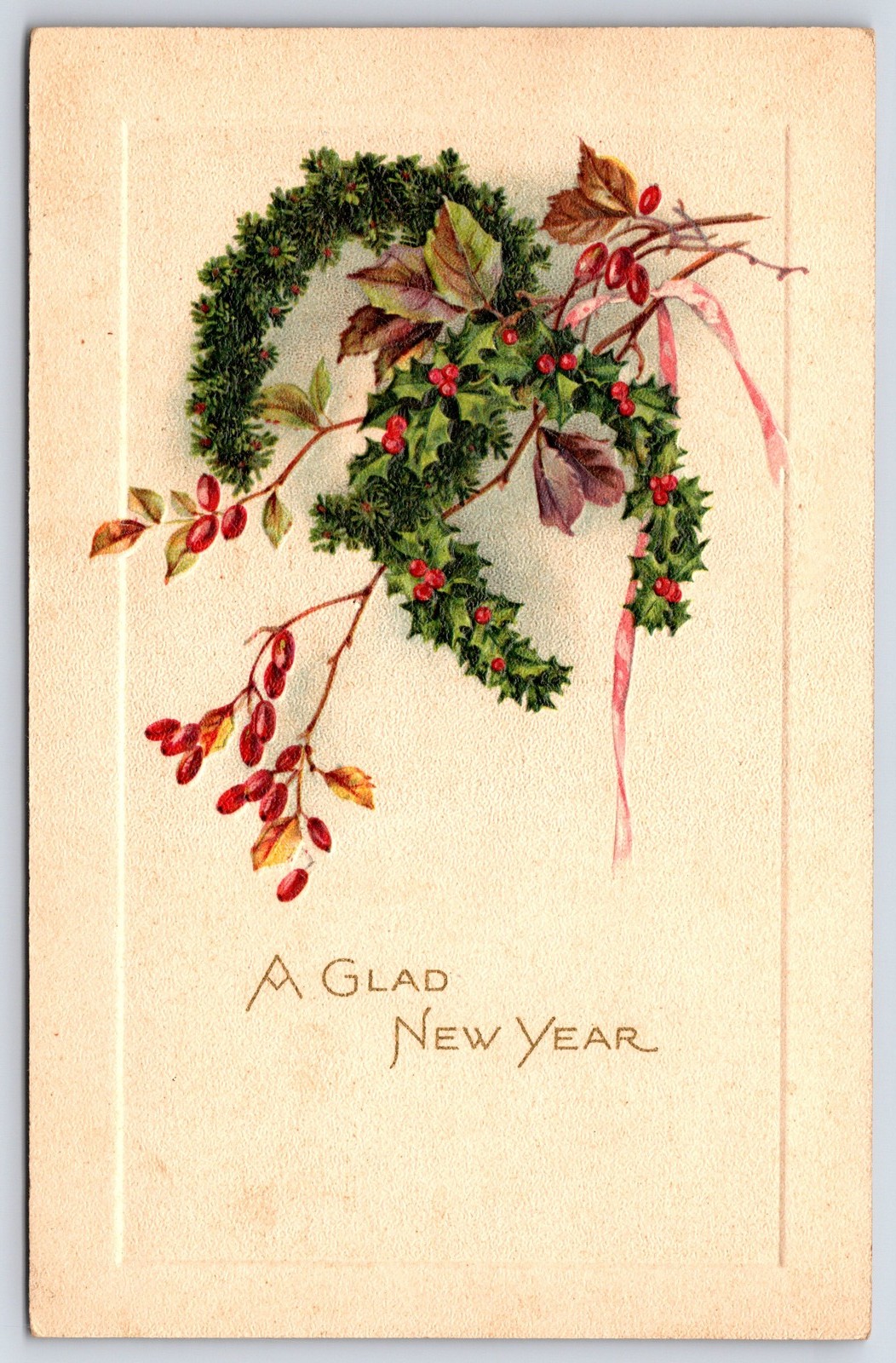 Antique A Glad New Year Holly Wreath Embossed Postcard Printed Germany