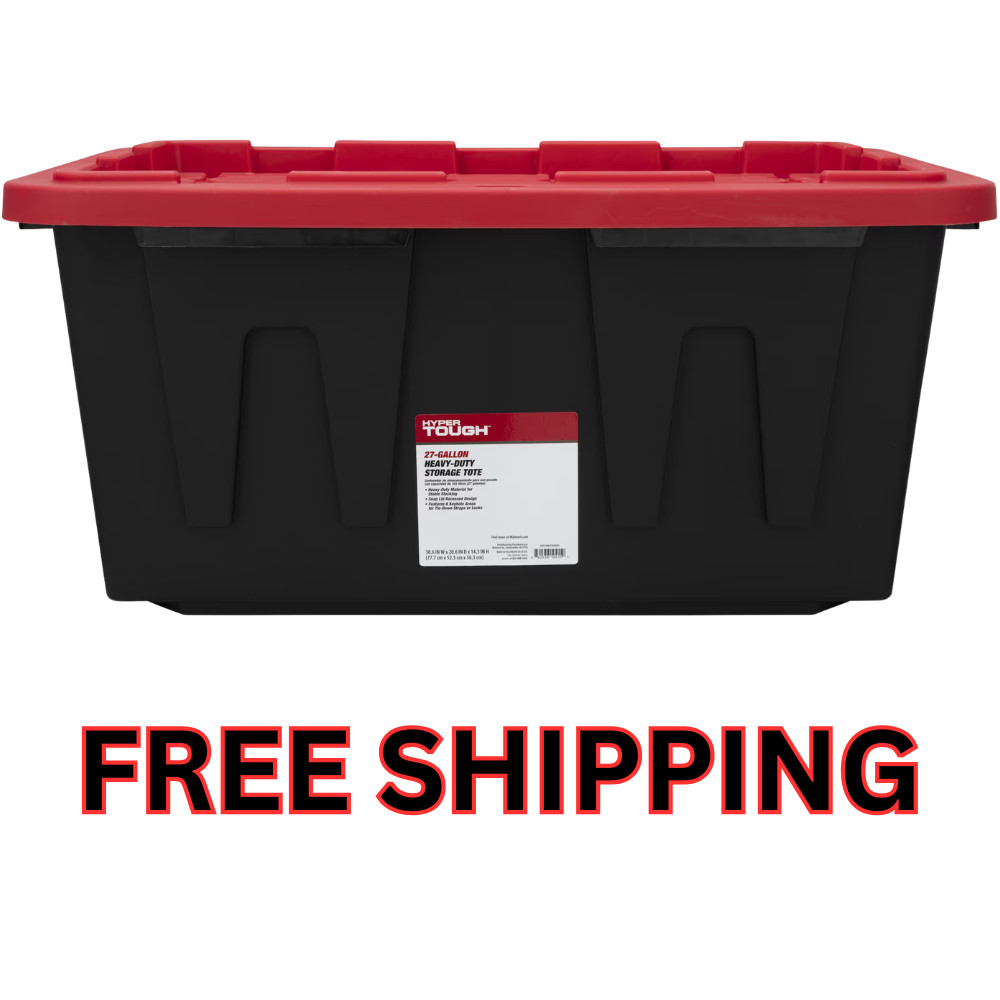 Hyper Tough 27 Gallon Snap Lid Plastic Storage Bin Container, Black with Red Lid