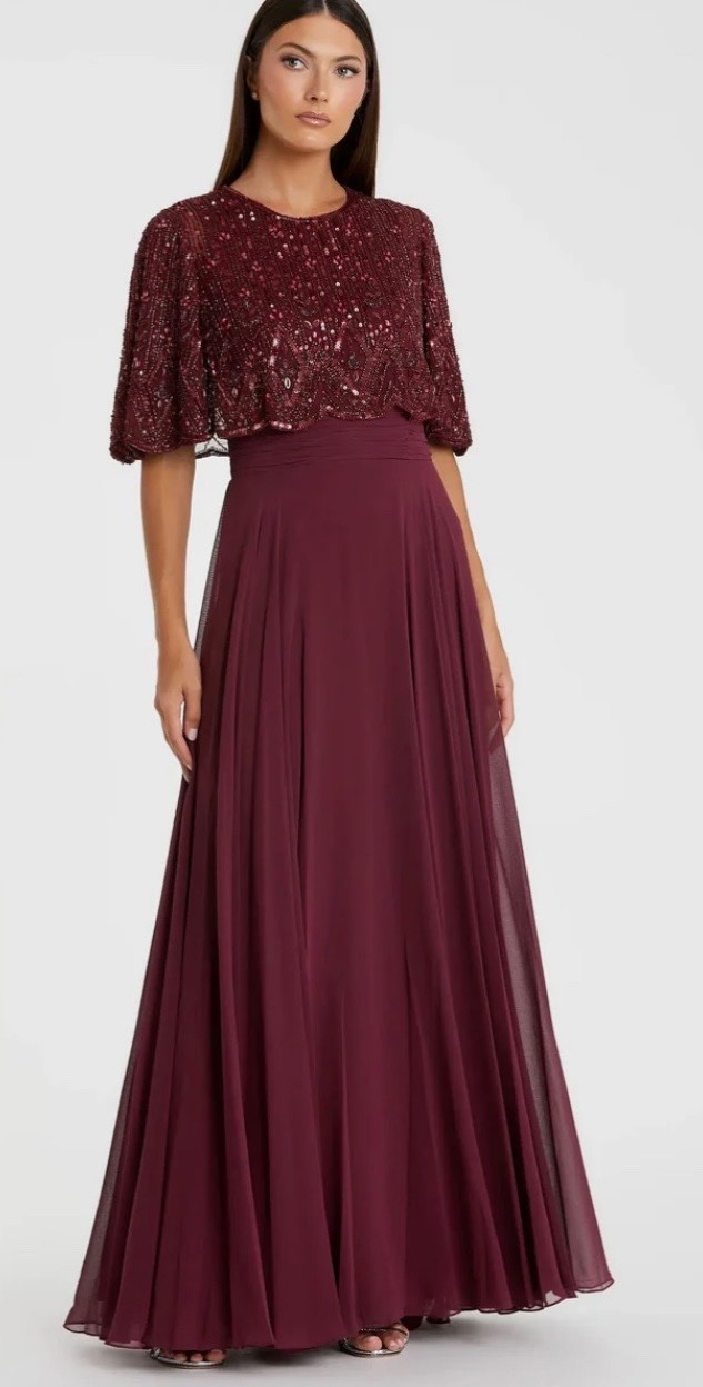 Mac Duggal Red Beaded Cape A-Line Gown Mac Duggal Red Beaded Cape A-Line Gown