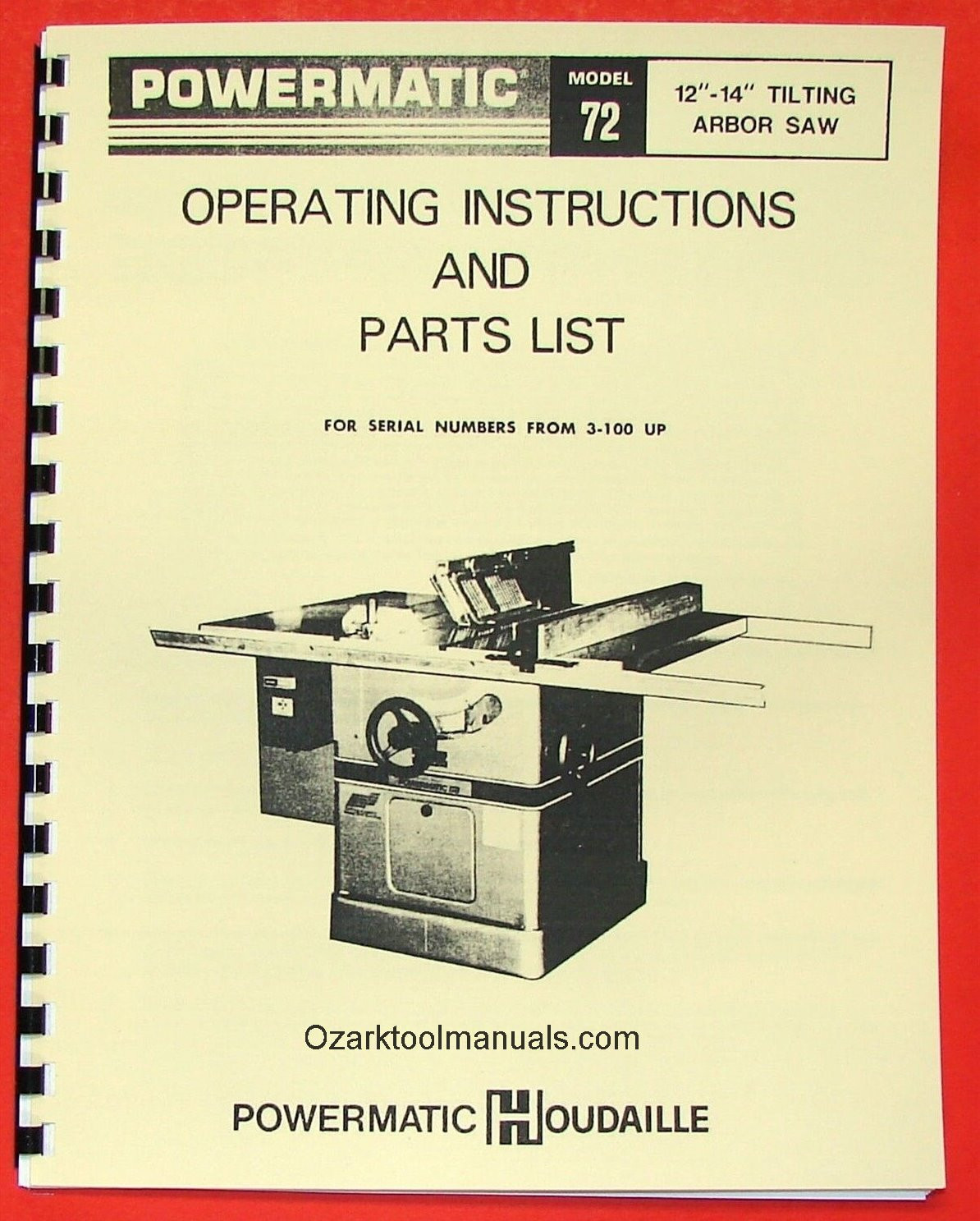POWERMATIC 72 Arbor Table Saw Owner Operator Parts Manual 0534
