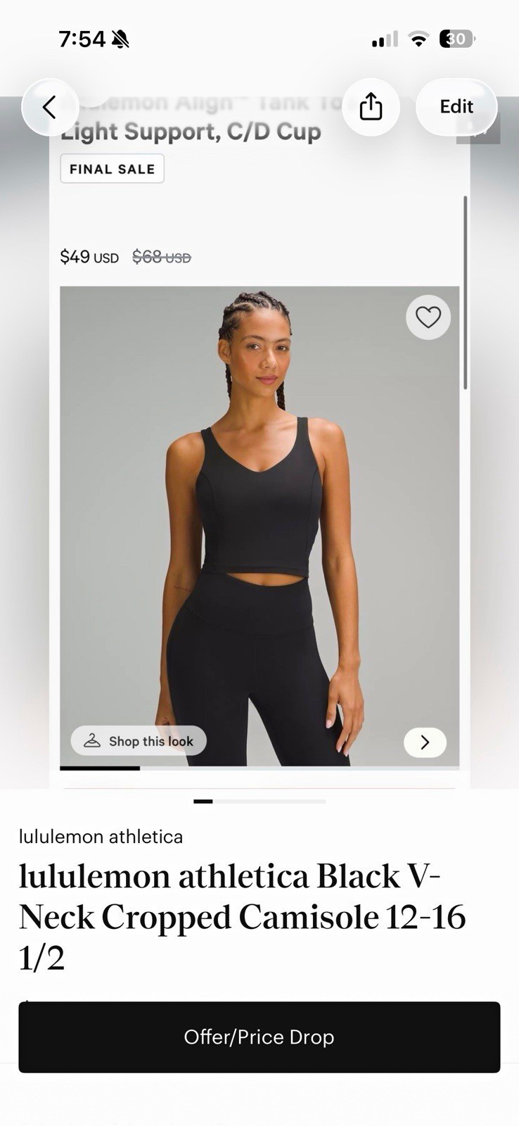 lululemon athletica Align Tank Black V-Neck Cropped Built-In Bra Stretch 12-16 lululemon athletica Align Tank Black V-Neck Cropped Built-In Bra Stretch 12-16