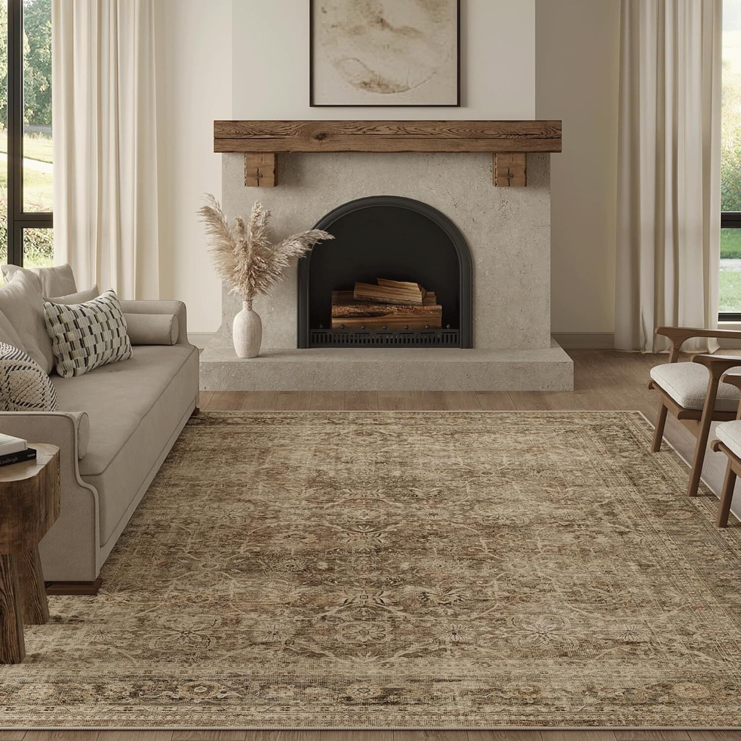 8x10 Washable Area Rug Vintage Distressed Floral Carpet Non Slip Soft Low Pile