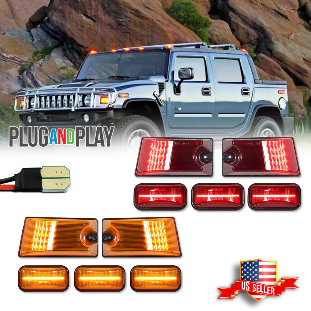 10PCS Amber & Red LED Cab Roof Marker Running Lights For 2003-2009 Hummer H2 SUT