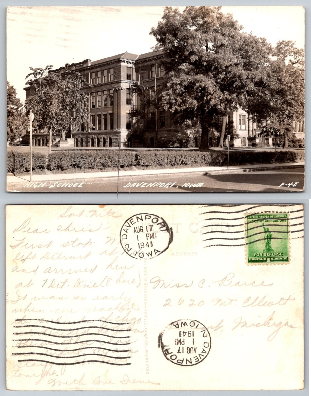 Vintage 1941 L.L. Cook Co. RPPC Postcard Davenport Iowa High School Posted