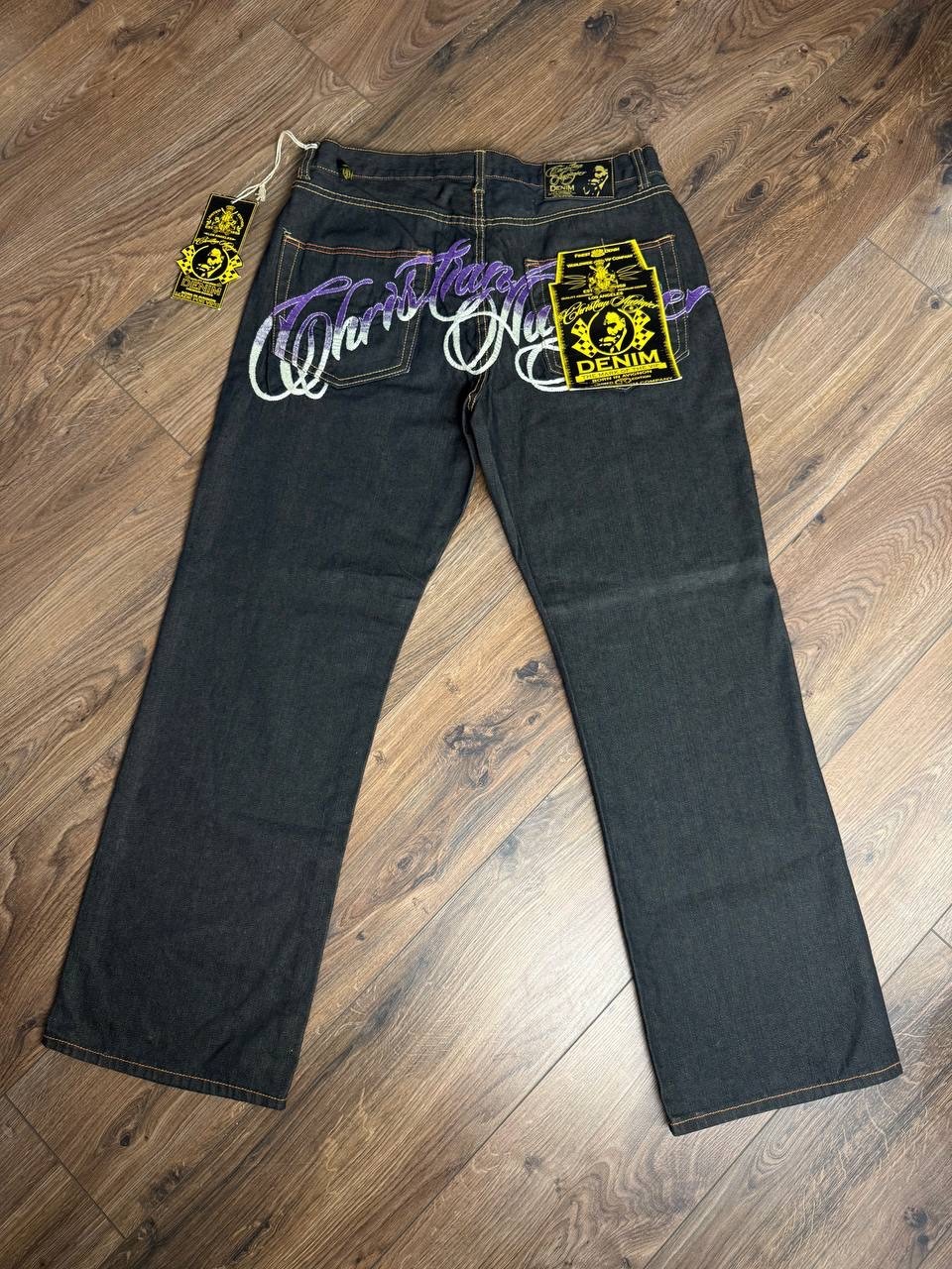 Christian Audigier Denim Skull & Rose Embroidery Jeans 