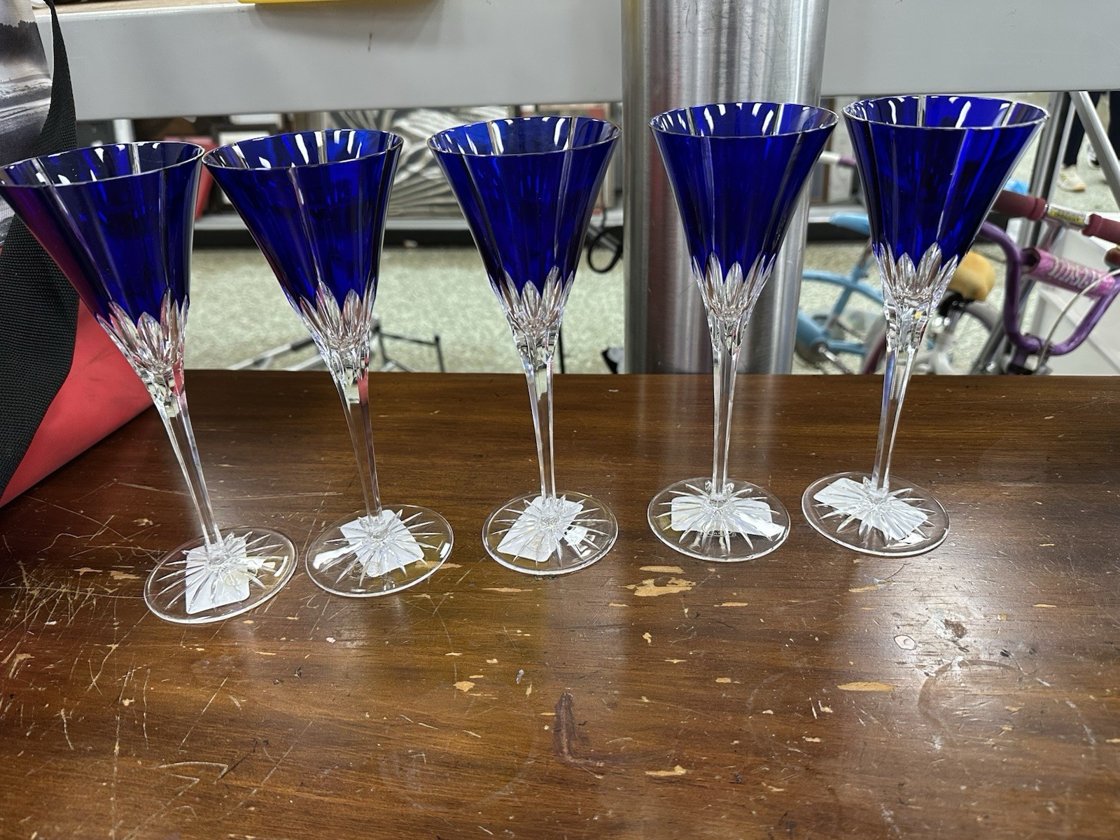 5 piece Vintage Ajka  Wine  Cobalt BLUE Lead Crystal Wine Glasses 8-3/4\
