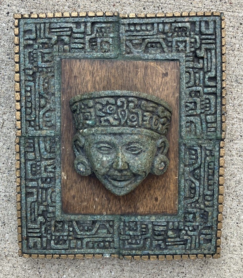 Vintage Aztec/Mayan‑Style Crushed Malachite Resin Mask Plaque on Wood – Zarebski