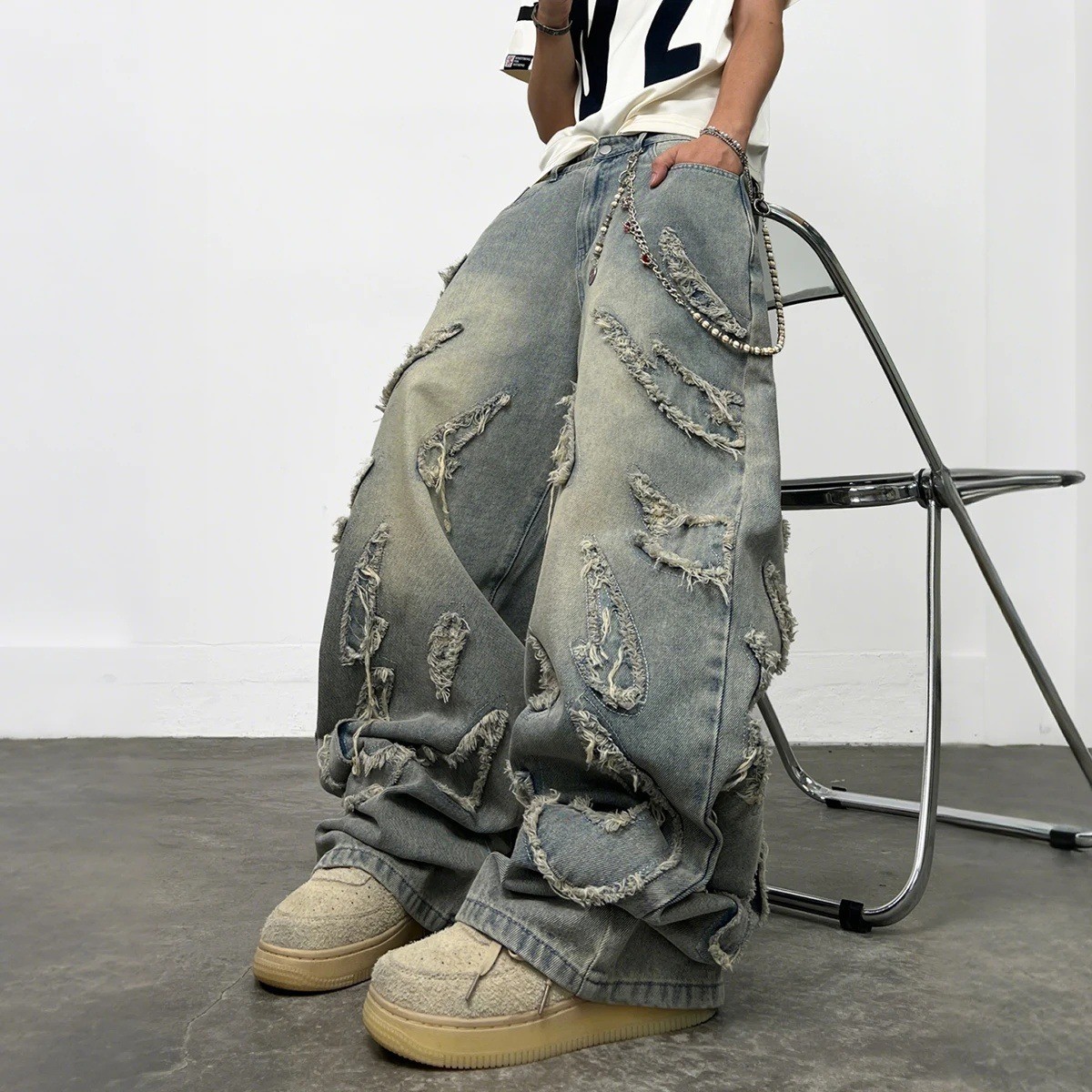 Y2K Frayed Patch Baggy Jeans Mens Wide Leg Vintage Wash Distressed Hip Hop Denim