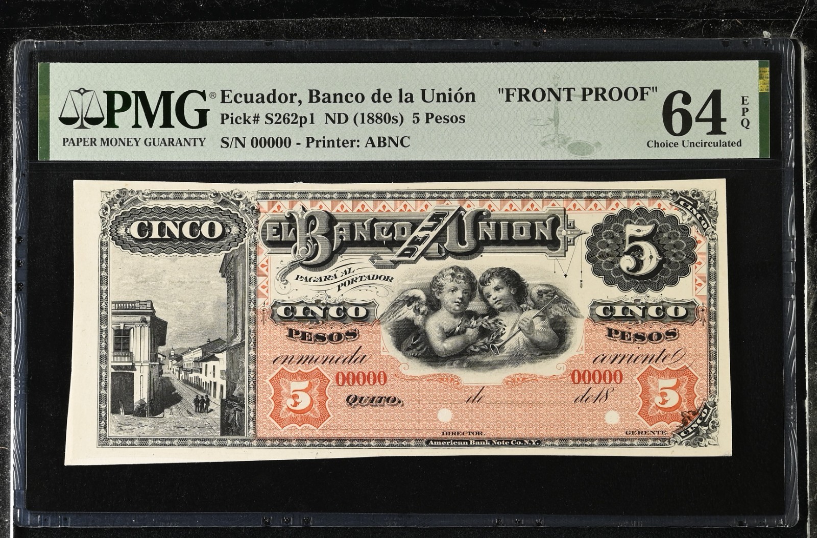 1880 Ecuador 5 Pesos P-S262p1 PMG 64 EPQ FRONT PROOF, ONLY 2 GRADED BY PMG