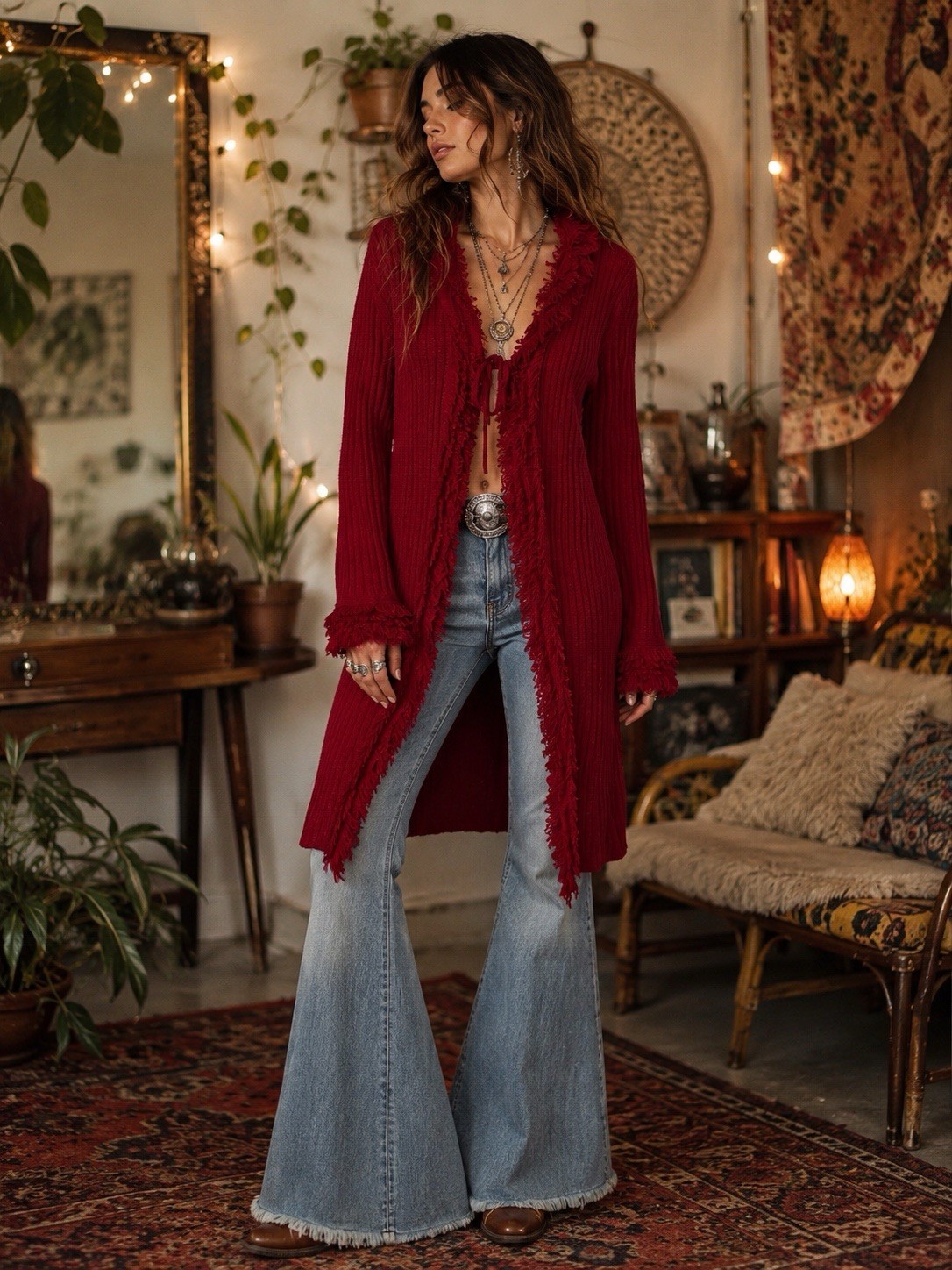 Cato Duster Cardigan XL Fringe Trim Longline Ribbed Boho Festival Whimsical Y2K