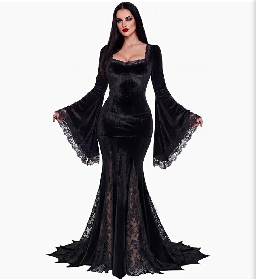 Gothic Mermaid Black Velvet Lace-Up Dress, Sweetheart Neck, Bell Sleeves Gothic Mermaid Black Velvet Lace-Up Dress, Sweetheart Neck, Bell Sleeves