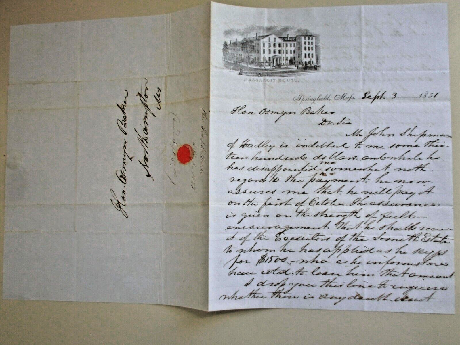 1851letter stampless cover MASSASOIT HOUSE SPRINGFIELD MA stationery JOSEPH VAIL