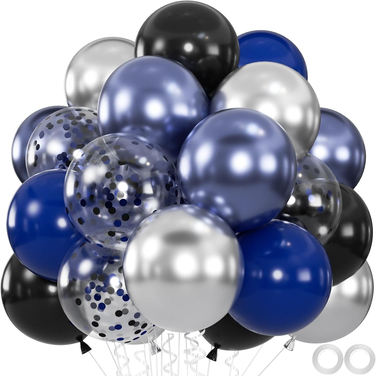 60pcs 12 Inch Black Navy Metallic Blue & Silver Confetti Balloon Kit