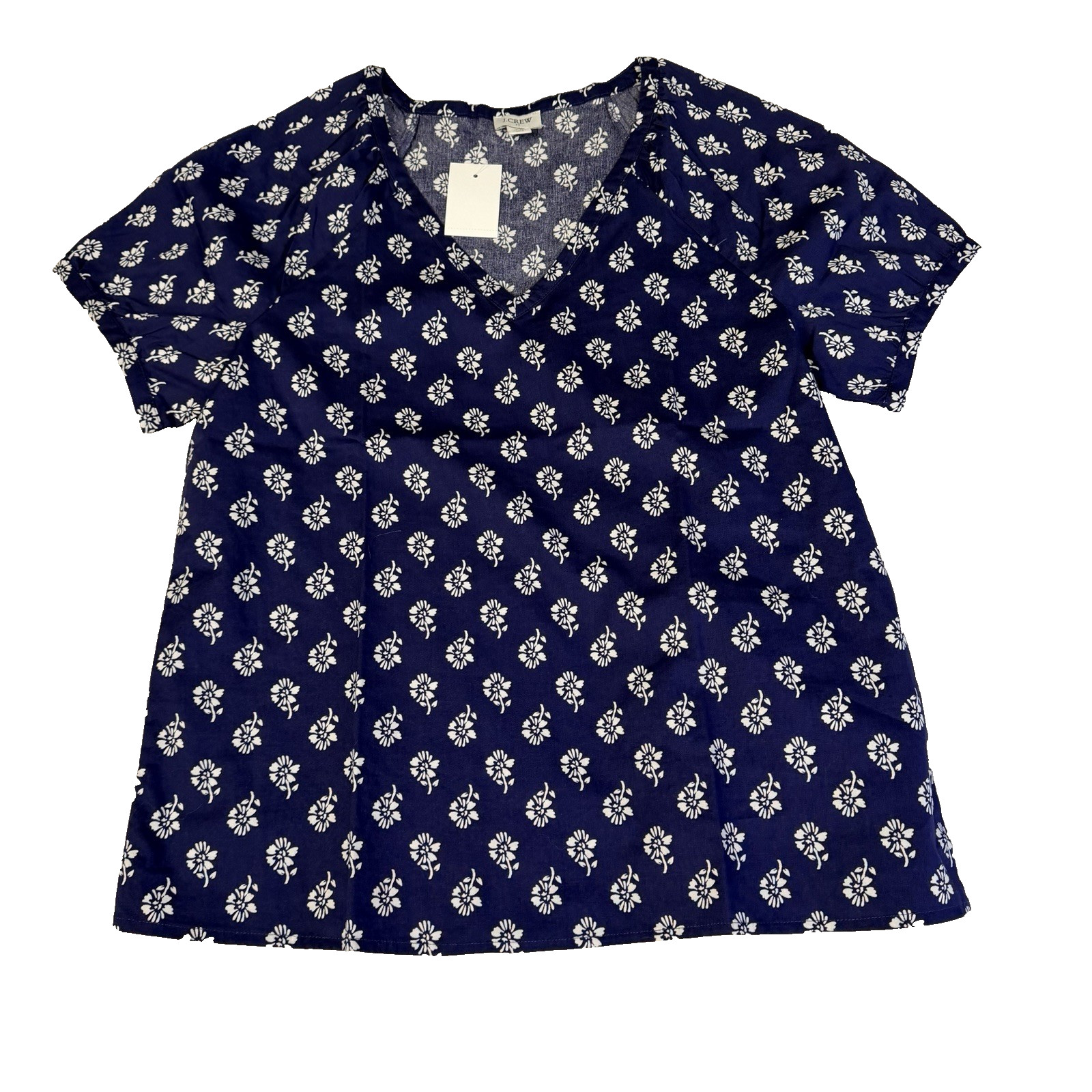 J.Crew Women’s XS Navy Blue White Floral V-Neck Short Sleeve Blouse NWT