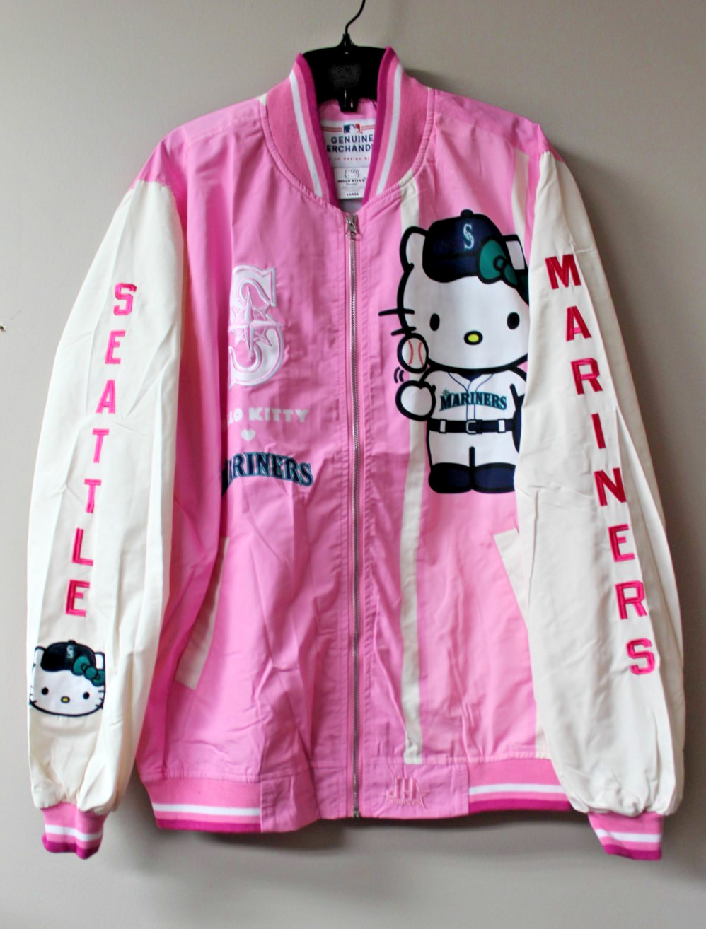 New MLB Seattle Mariners Hello Kitty embroidery poly jacket men\'s L slim fit