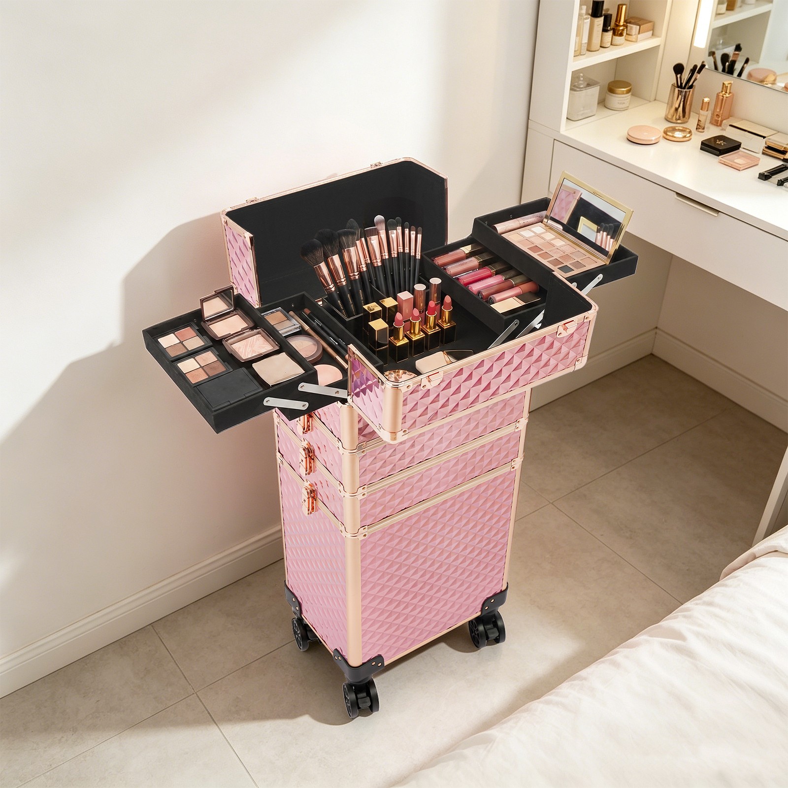 Rolling Makeup Case 4-in-1 Trolley Pink Aluminum w/ Wheels & Lock