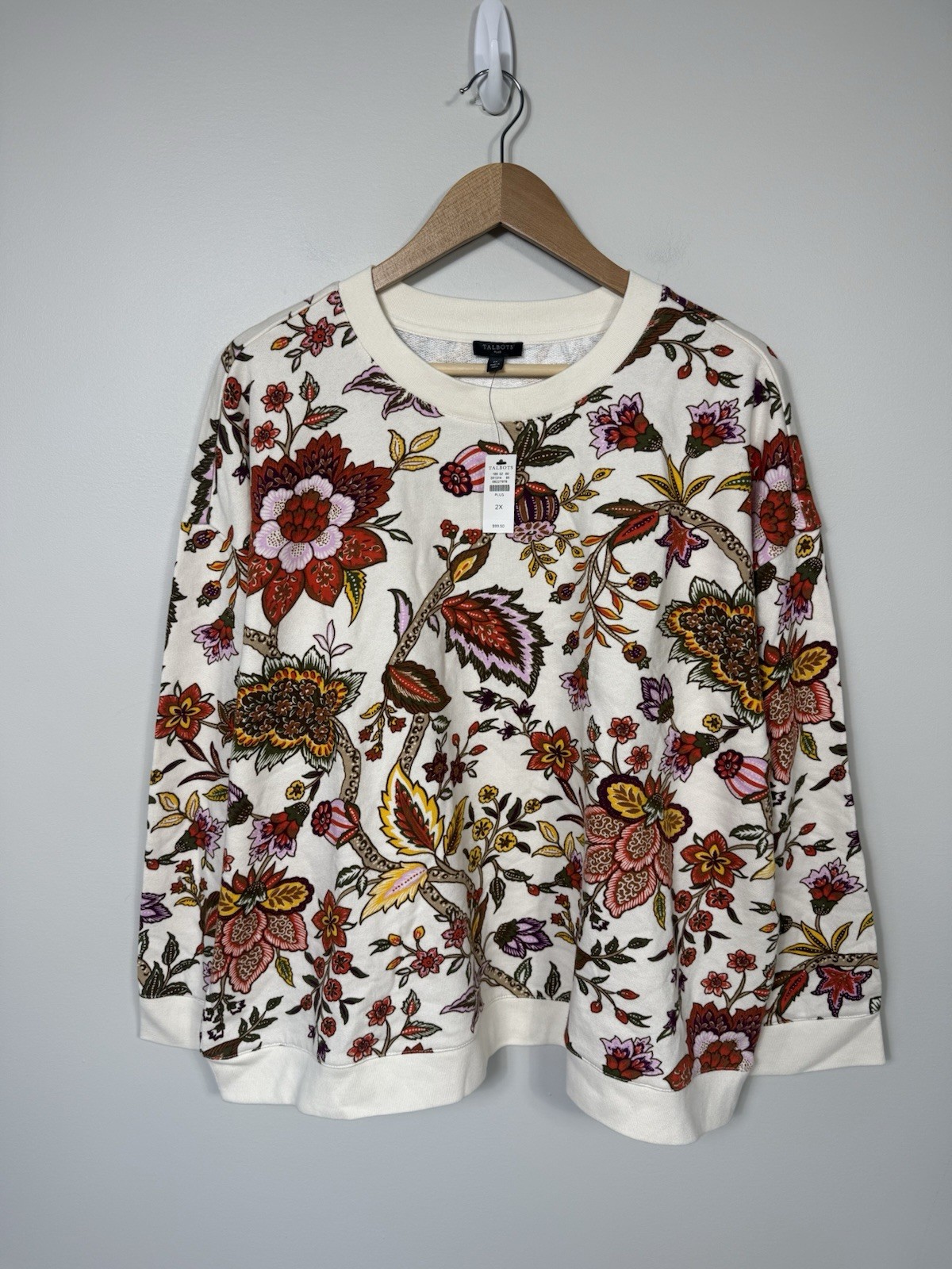 Talbots NWT 2X Floral Sweatshirt French Terry Pullover Ivory Cotton Fall Top