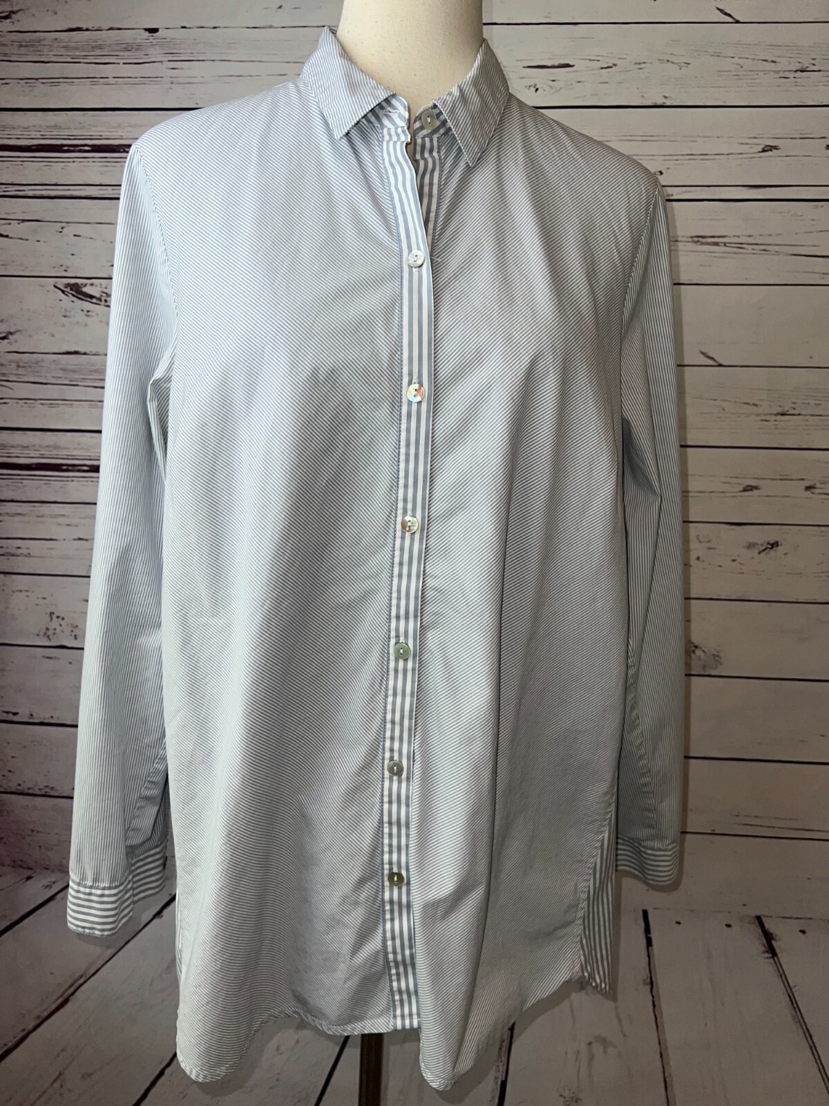 J Jill Blouse size Large Striped Long sleeve button front Shirt Stretch Womens