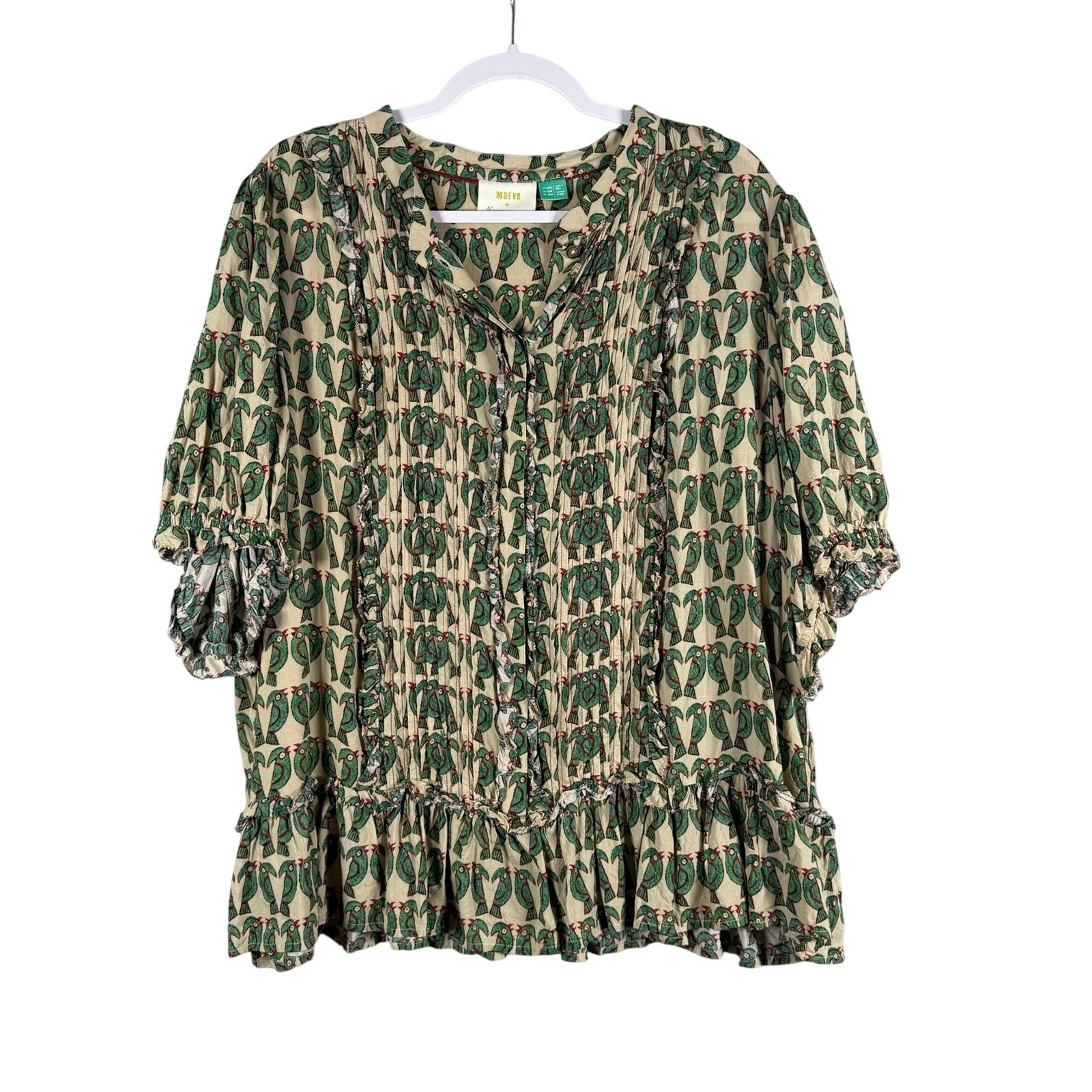 Maeve Anthropologie Womens 22W Blouse Green Bird Print Peplum Pintuck Boho Top