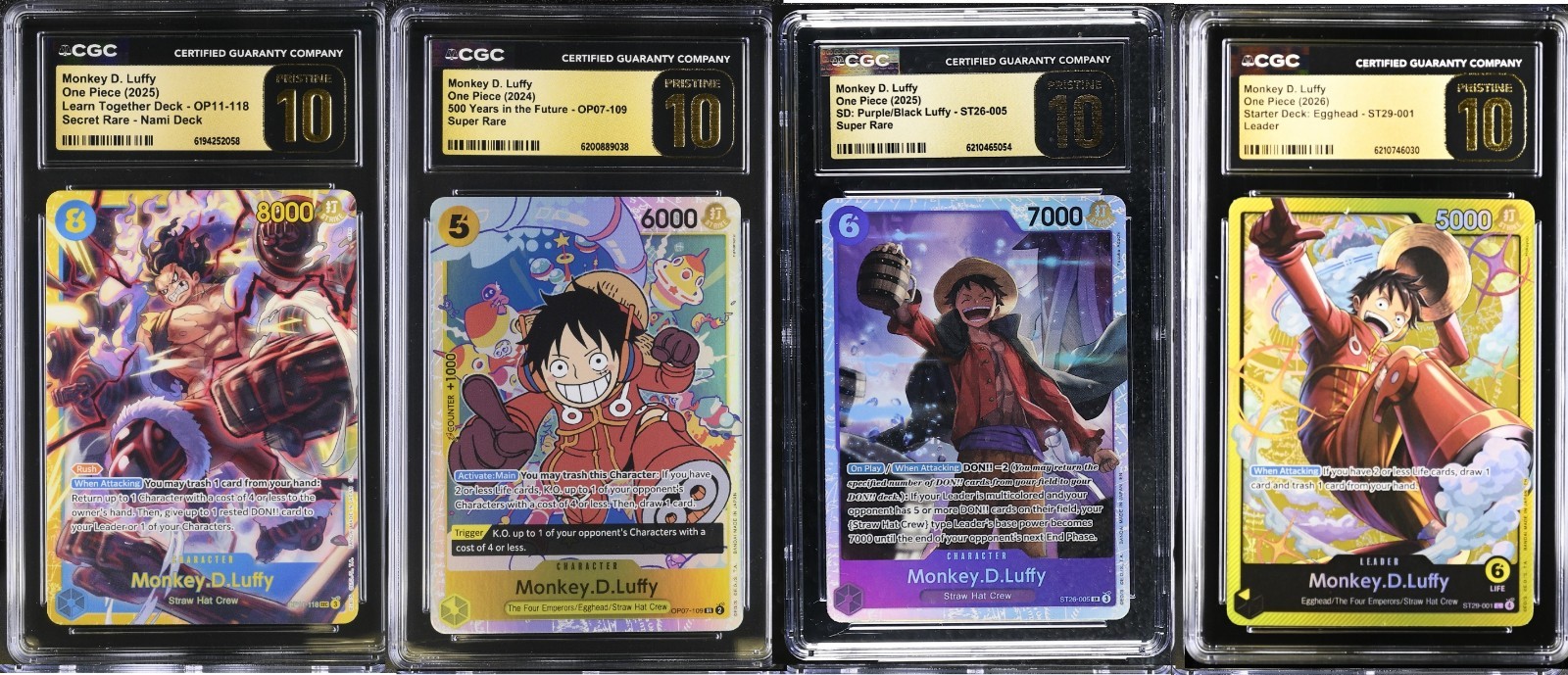 4 CGC 10 Pristine ENGLISH One Piece Luffy OP11-118 OP07-109 ST26-005 ST29-001 4 CGC 10 Pristine ENGLISH One Piece Luffy OP11-118 OP07-109 ST26-005 ST29-001