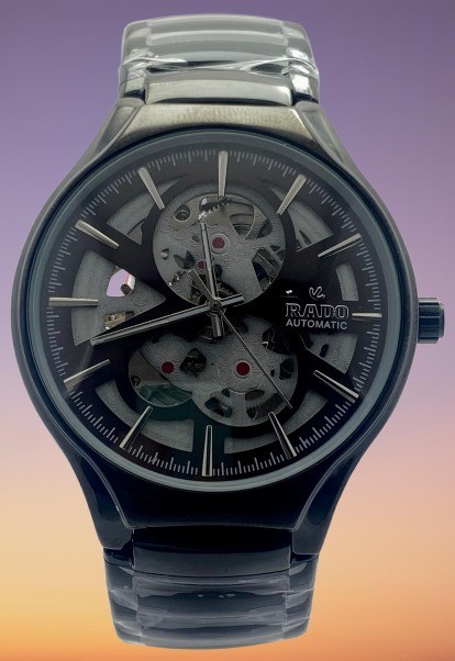 Very Rare Look Rado Skeleton Dial Automatic Working Men\'s Black-Tone Wristwatch