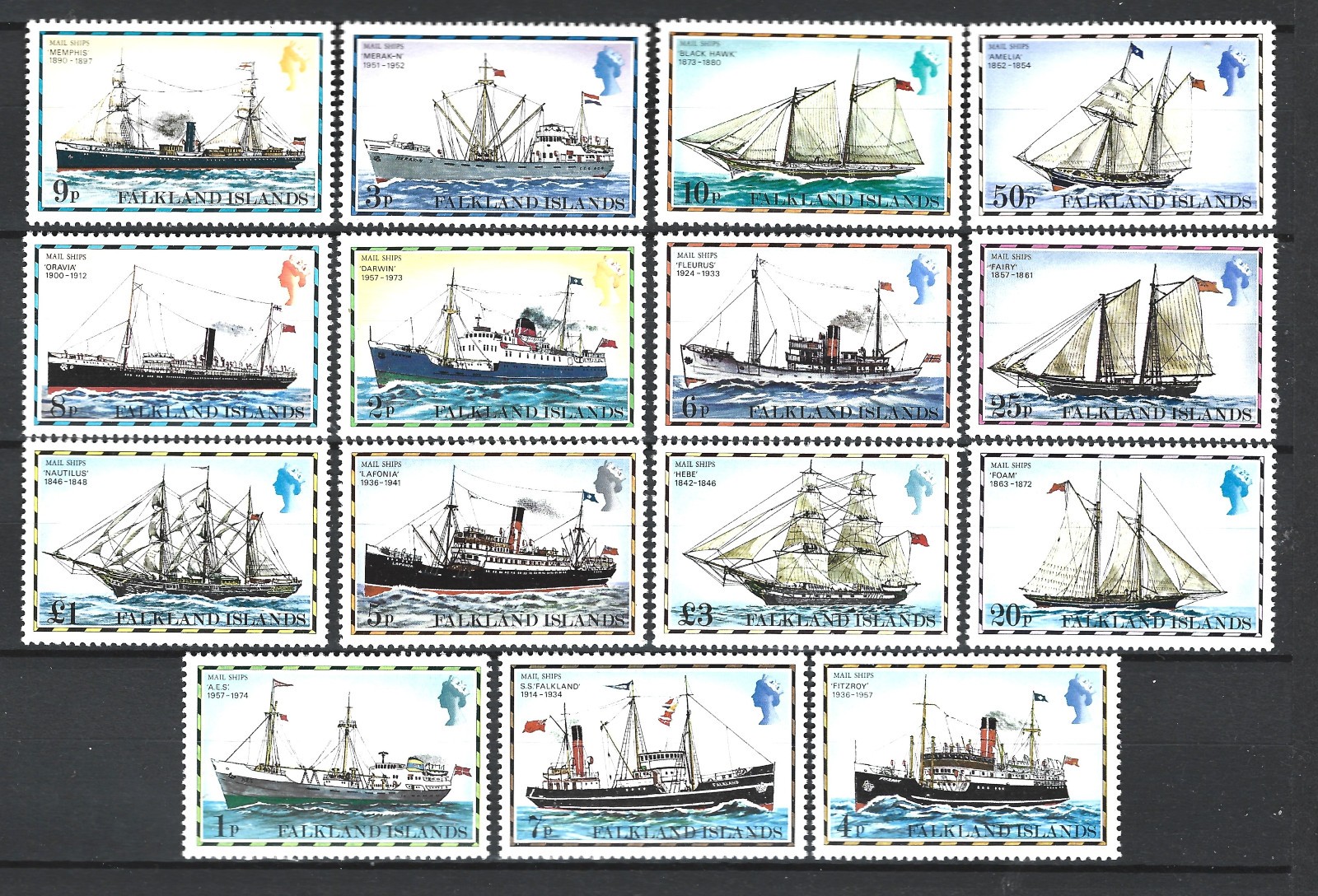 Falkland Islands 1978 Sailing Vessels – Mail Ships, Complete Set Sc# 260–274 MNH