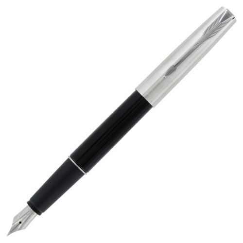 Parker Frontier Fountain Pen  Black  & Silver Fine Pt Pen New  In Box Made in UK