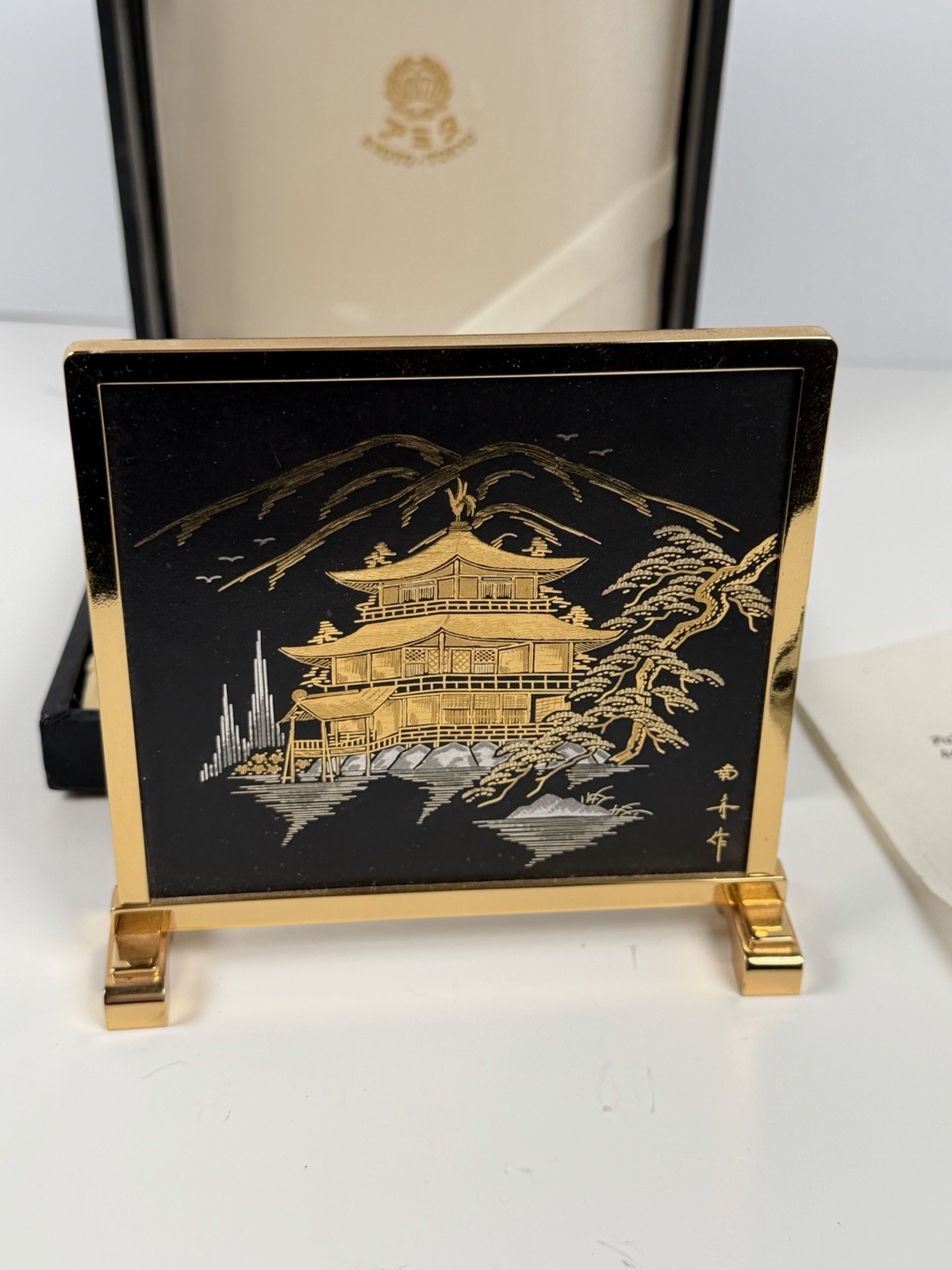 Vintage AMITA Japanese Damascene Table Screen-Komai Era Kinkaku-ji Rare