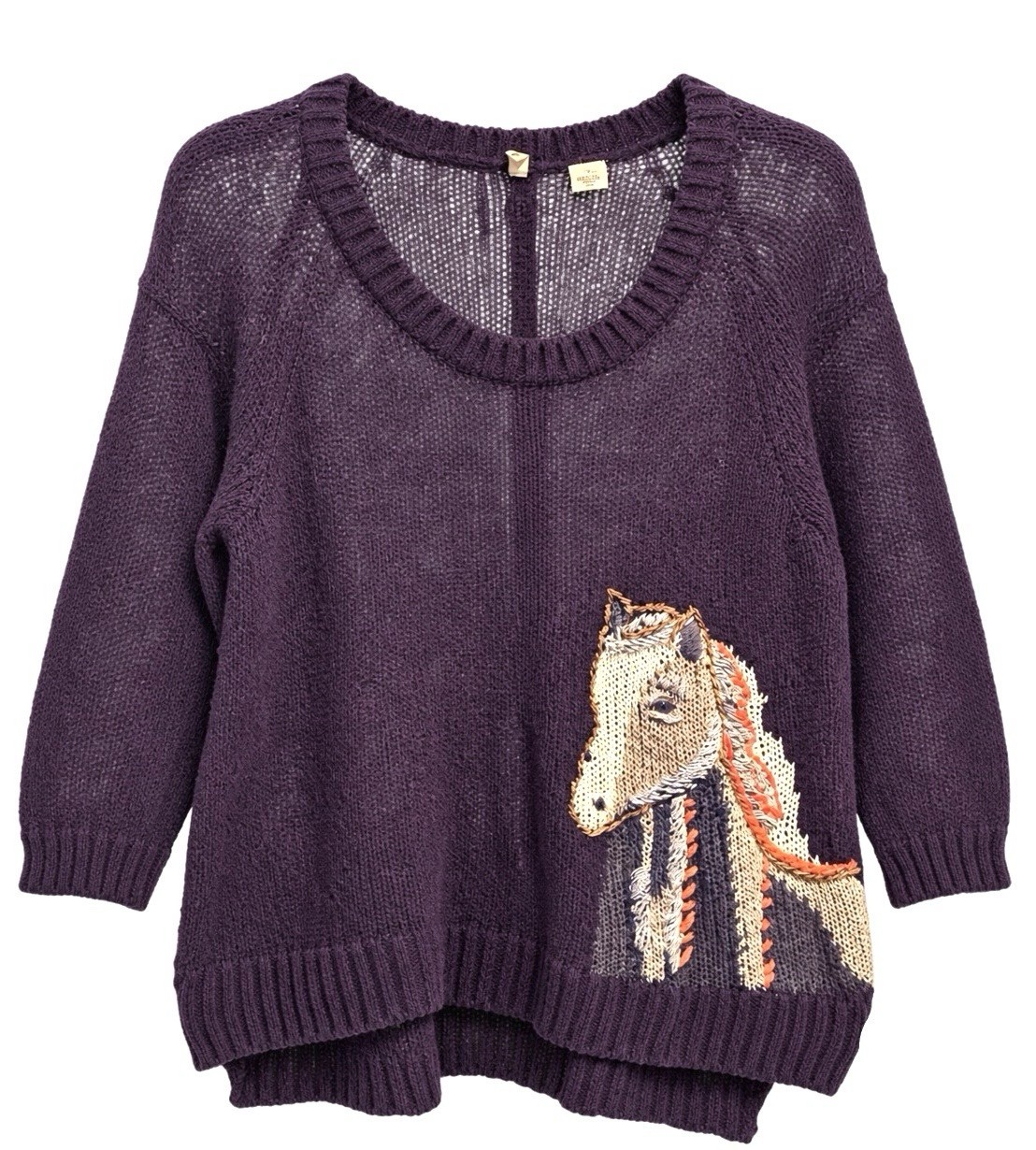 Vintage Anthropologie Moth Horse Intarsia Knit Sweater Plum Purple Cotton Blend 
