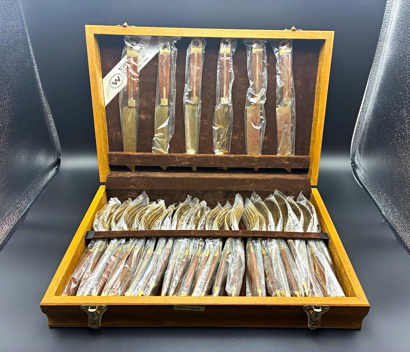 Vtg Winsome Nickel Bronze Flatware Set Wood Case 30 Pc Sealed Thailand MCM New