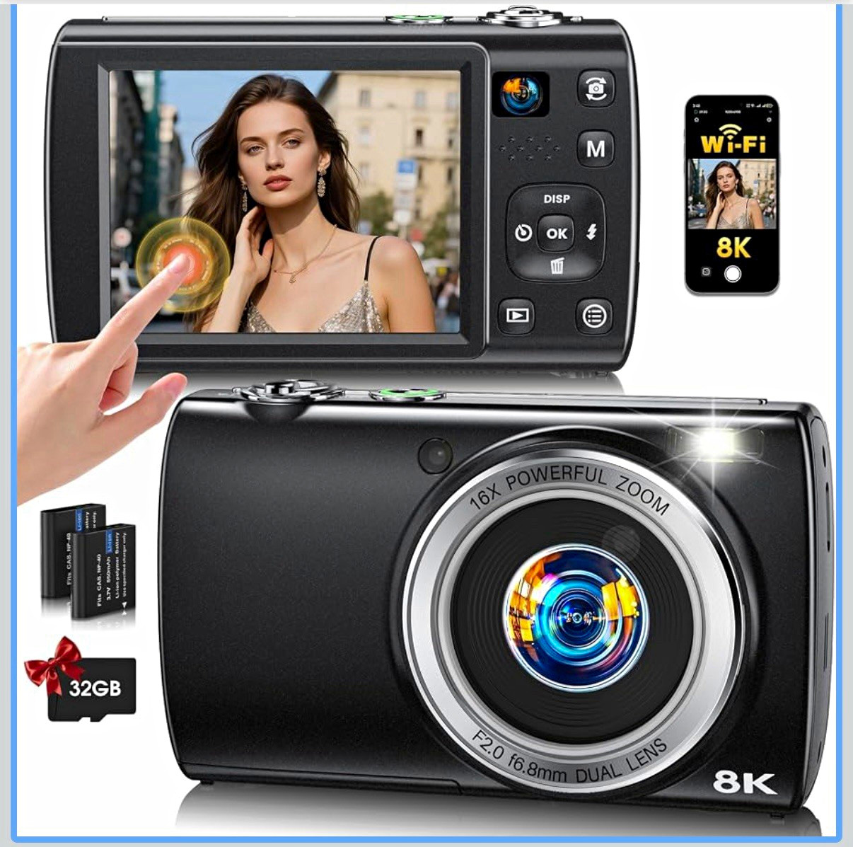 2026 8K WiFi Digital Camera 88MP Dual Lens, Touch Screen, Autofocus, Black
