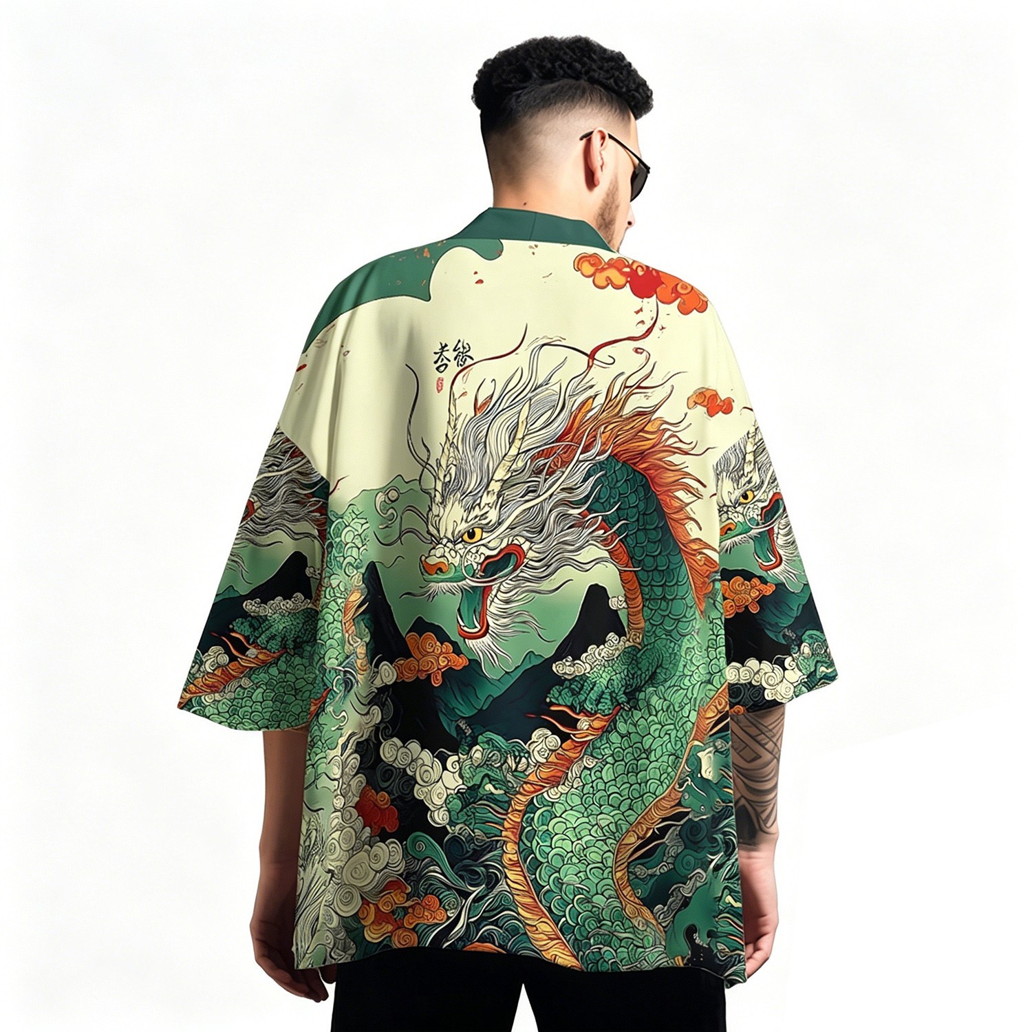 Niepce Men\'s Japanese Graphic Lightweight Green Dragon Kimono Cardigan Shirt Top