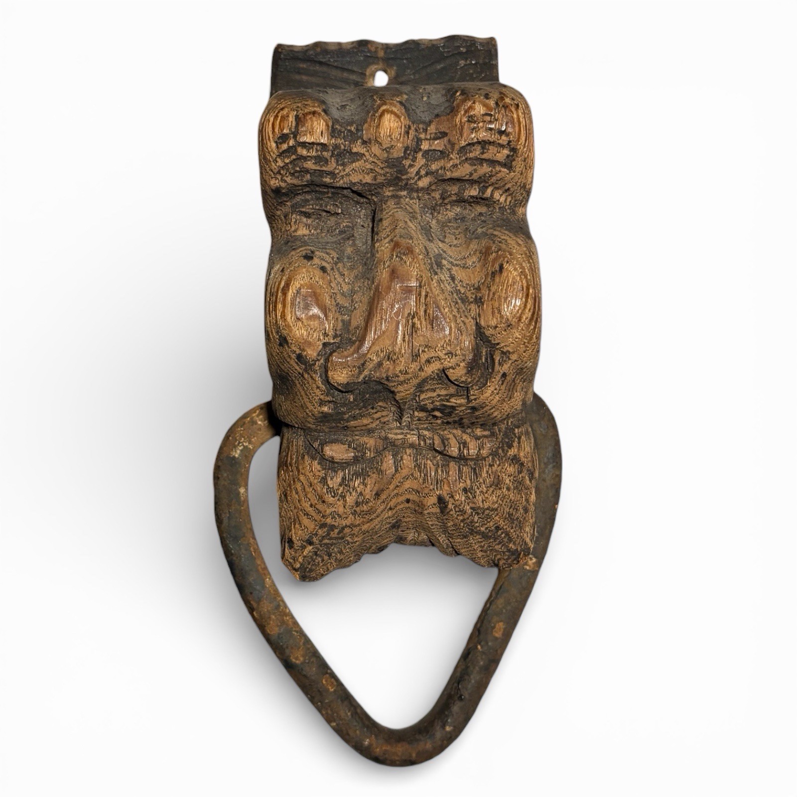 Late 17th-Early 18th C Carved Oak Grotesque Chest Pull w/ Iron Ring Dutch/German
