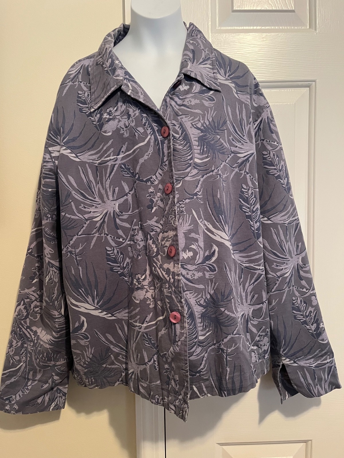 VTG Coldwater Creek Blue-Gray Button-Up or Jacket w/ All-Over Tropical Print L