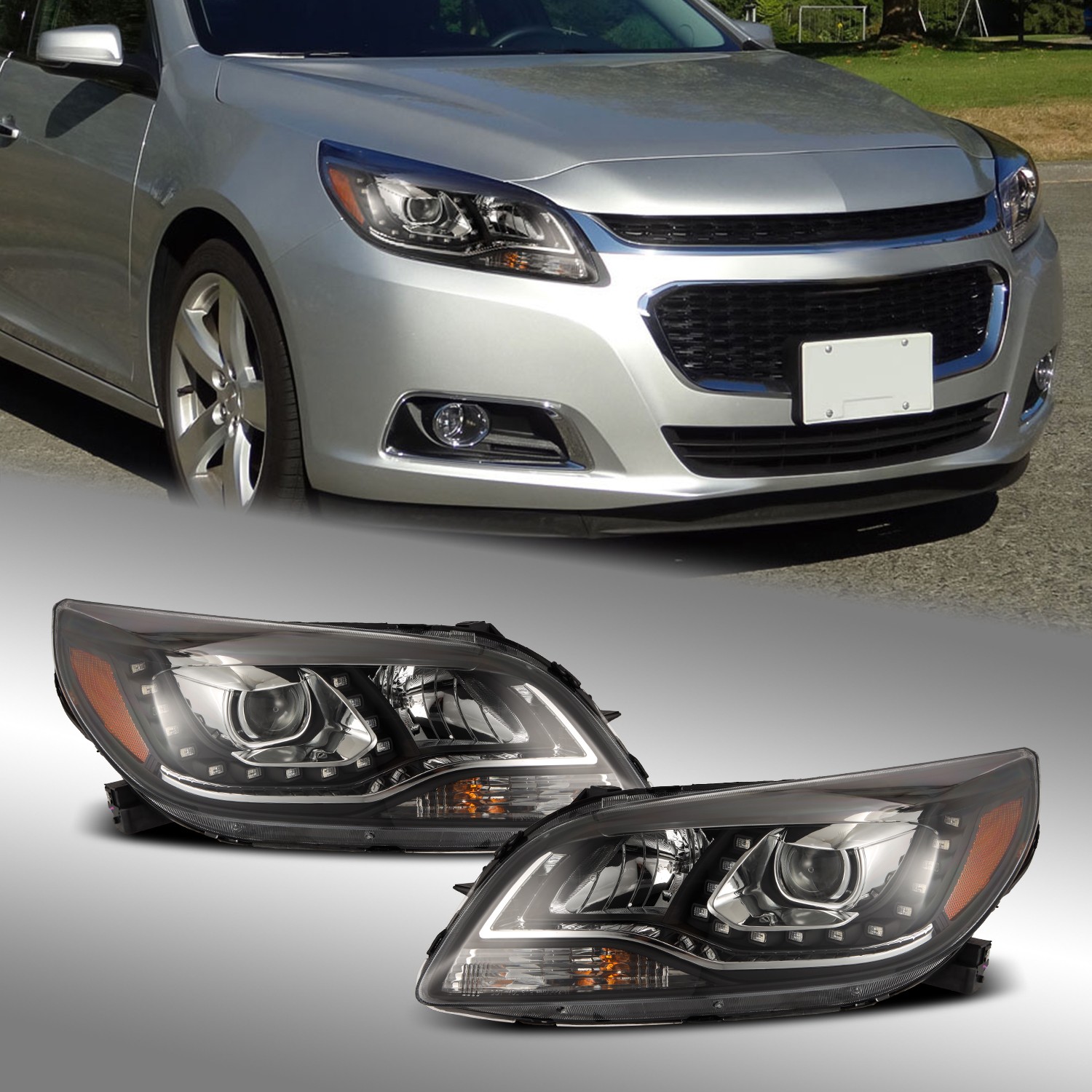 For 2013-2015 Chervolet Malibu LED Black Headlights Replacement Assembly Pair