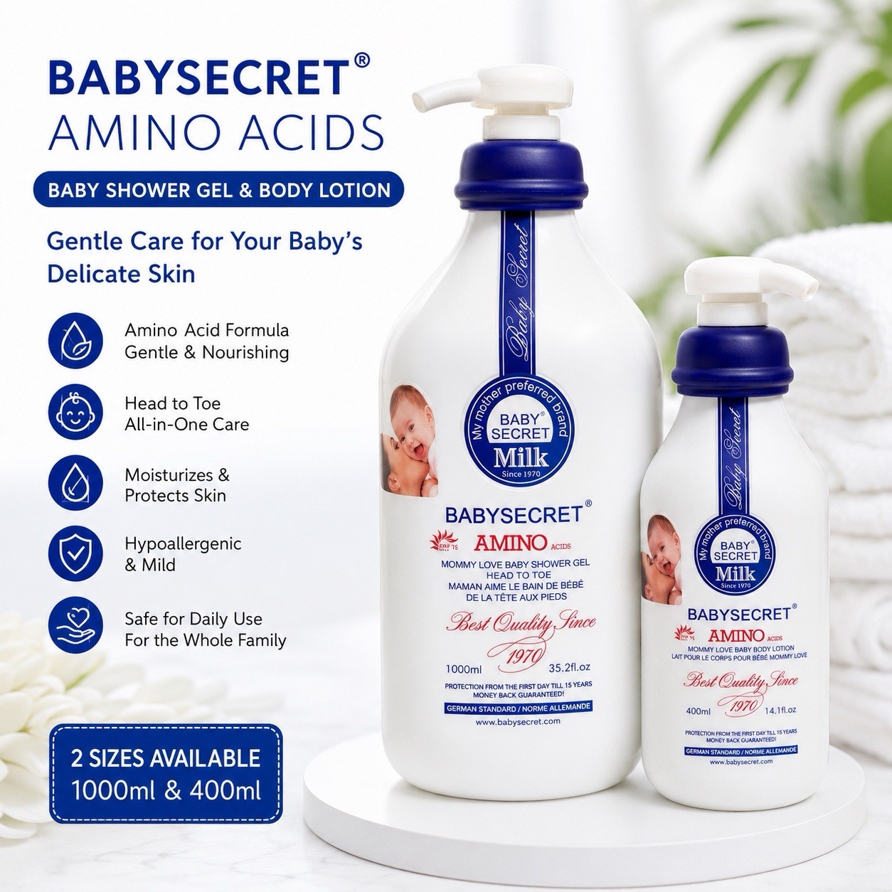 2pcs Baby Secret Milk Amino Acids Shower Gel 1000ml & Baby Milk 400ml