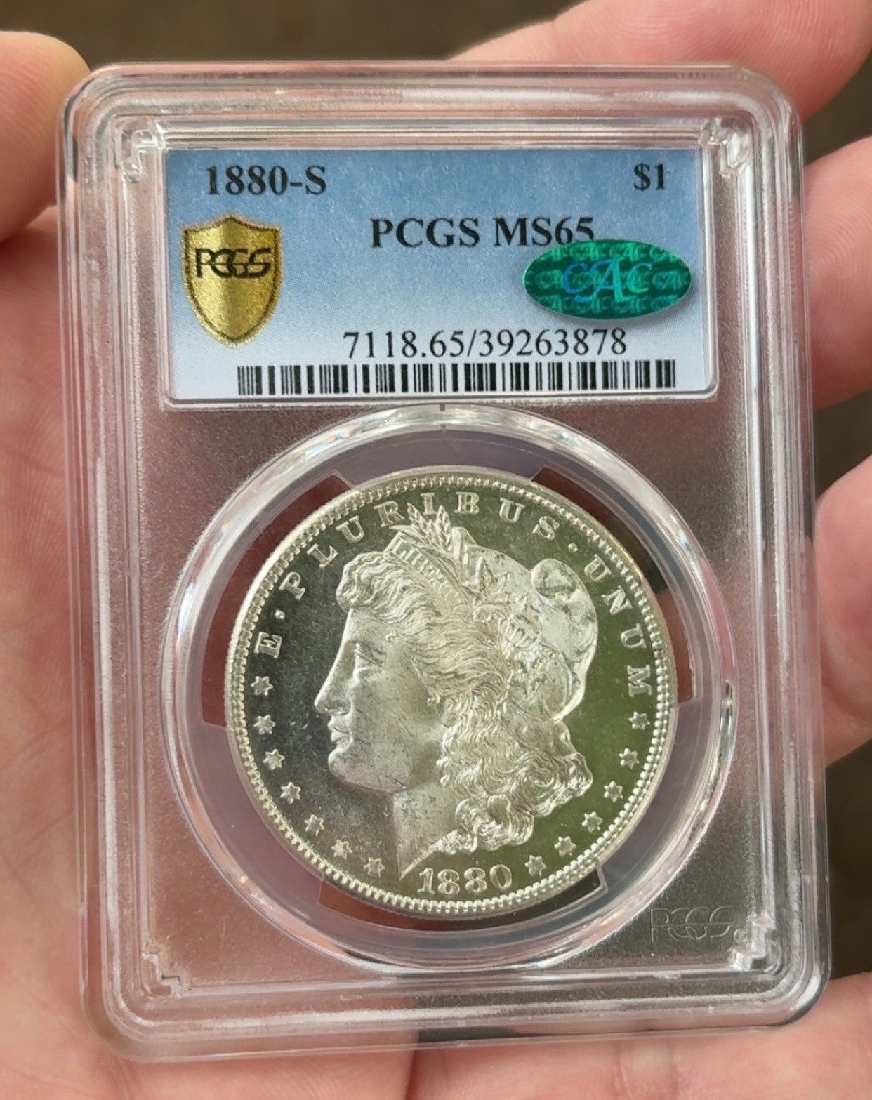 PCGS/CAC MS65 - 1880-S Morgan Dollar (Super Clean Cheek, PL Surfaces)