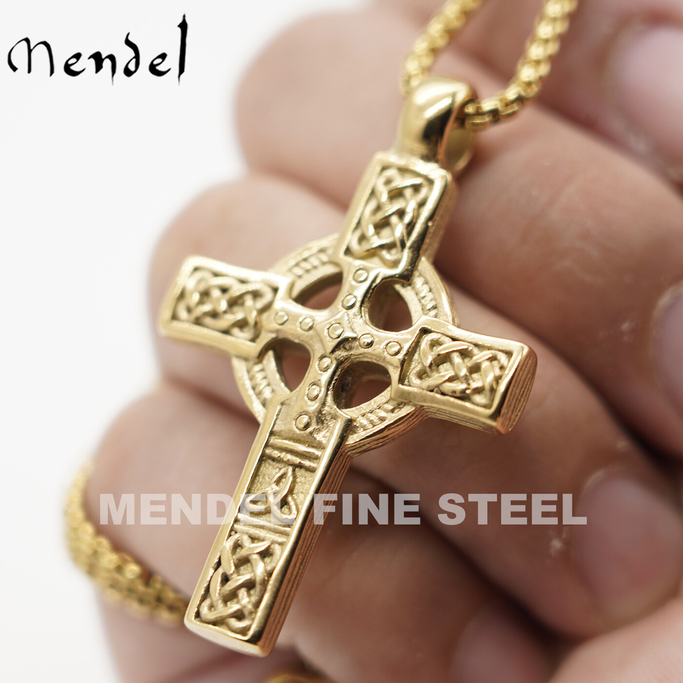 MENDEL 10K Gold Plated Irish Celtic Cross Pendant Necklace For Men Women Chain