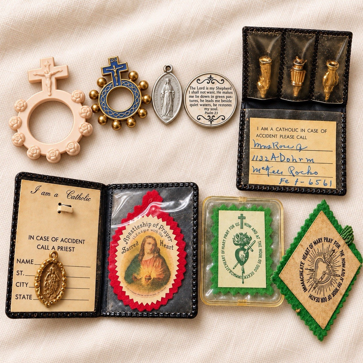 Vintage Catholic Devotional Lot Medals Scapulars Finger Rosaries 1940s–60s Vintage Catholic Devotional Lot Medals Scapulars Finger Rosaries 1940s–60s