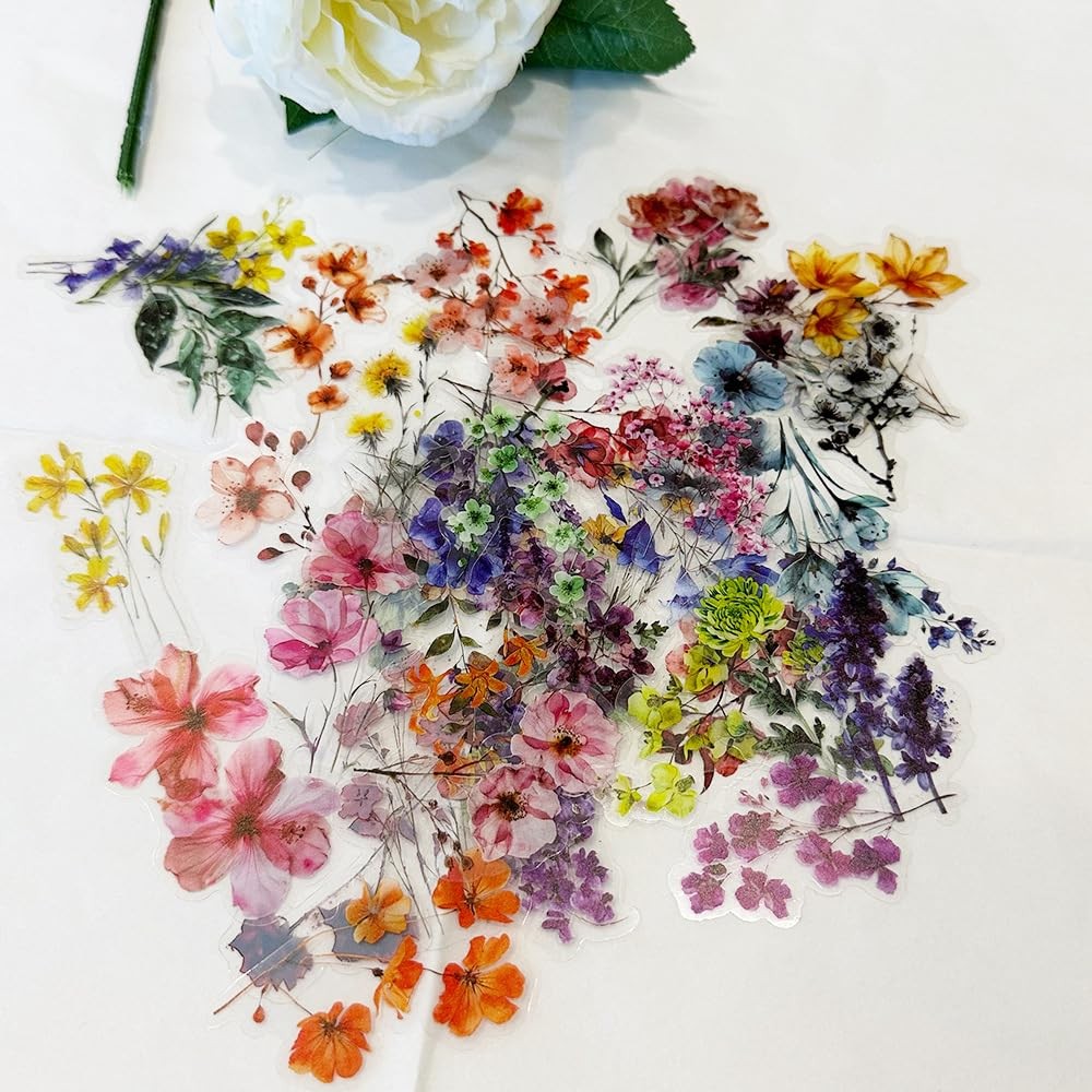 50PCS Transparent Flower Stickers, Cute Vintage Floral Sticker for