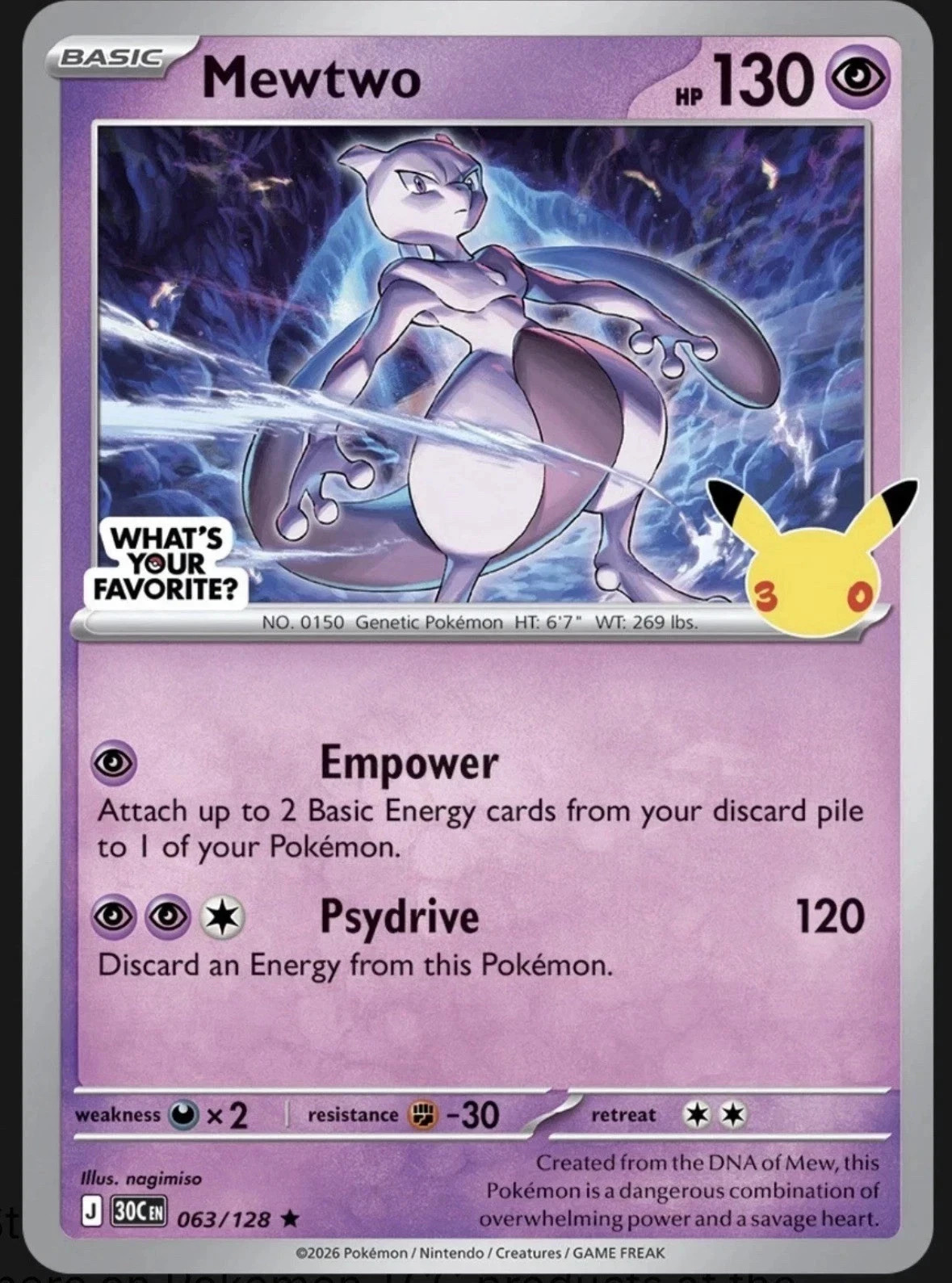 Mewtwo Pokemon 30th Anniversary Celebrations Promo Card Exclusive 063/128 SEALED Mewtwo Pokemon 30th Anniversary Celebrations Promo Card Exclusive 063/128 SEALED
