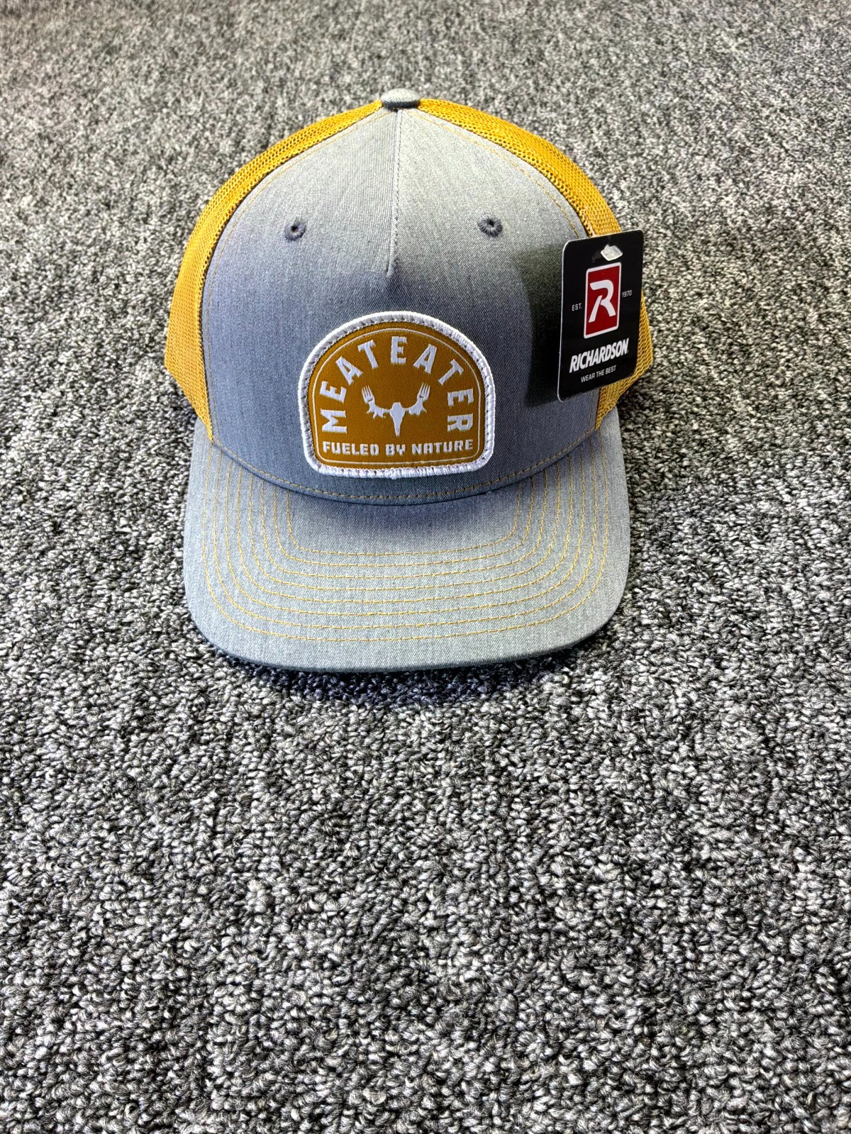 Richardson 112FP Meateater Trucker Hat Adults OS Gray Gold Snapback Mesh Cap Richardson 112FP Meateater Trucker Hat Adults OS Gray Gold Snapback Mesh Cap