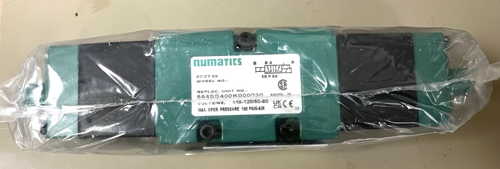 Numatics Solenoid Air Control Valve 554SS400K000030, New, Manufactured 7/27/2026 Numatics Solenoid Air Control Valve 554SS400K000030, New, Manufactured 7/27/2026