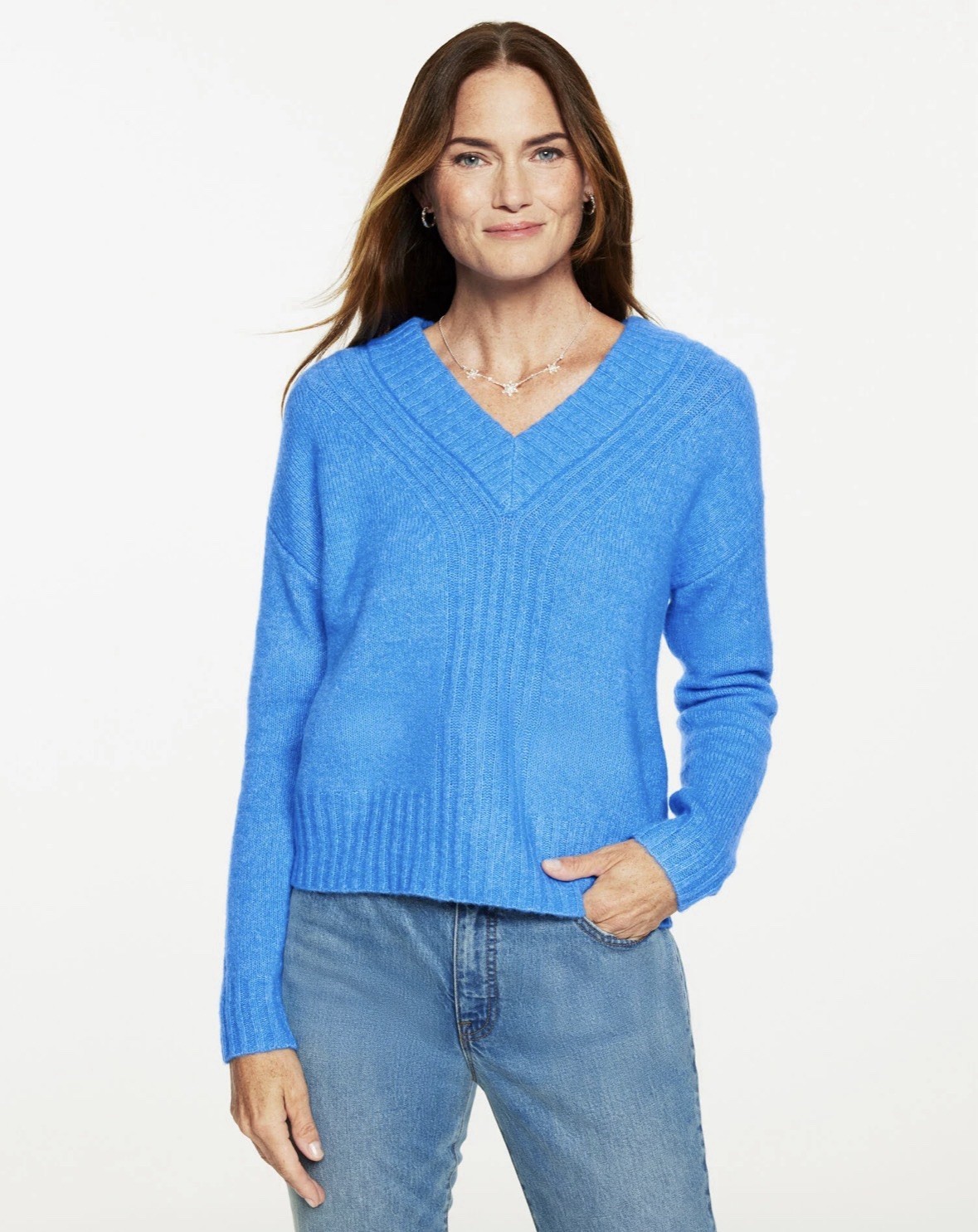 New NWT TALBOTS $99 Petite Medium PM Wool Blend V-Neck Pullover Sweater Blue