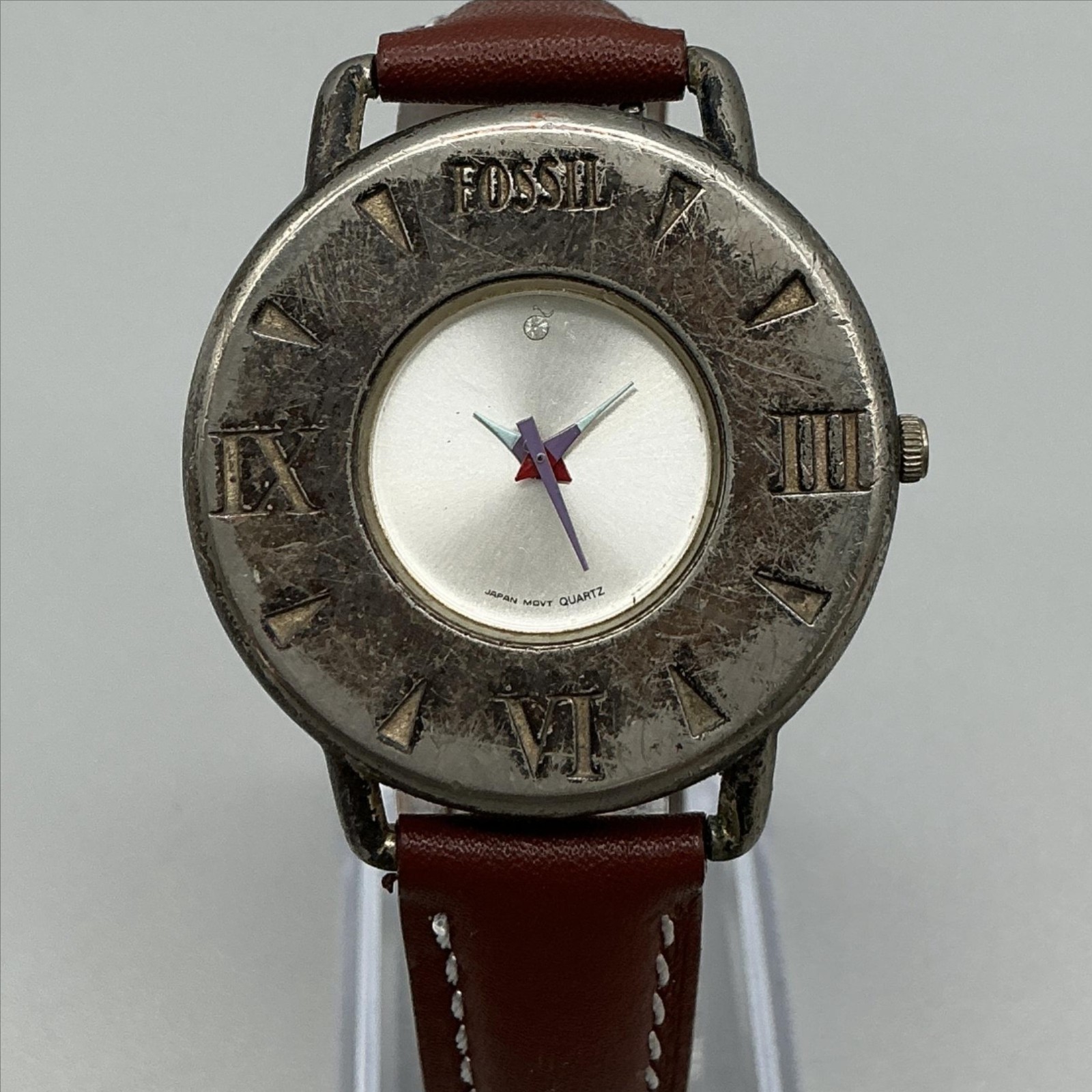 Vintage Fossil Club Fossil Mens Watch 36mm Silver Tone Brown Leather New Battery