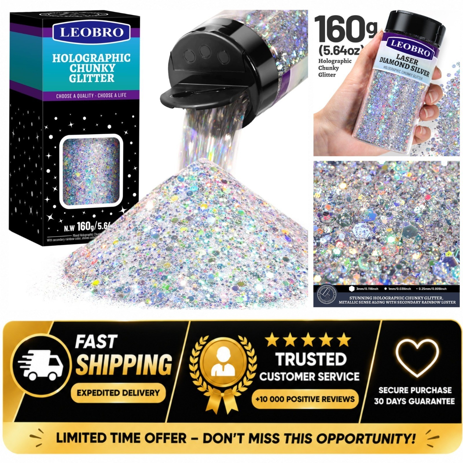 Holographic Silver Chunky Glitter 160g for Resin Crafts Nail Body Face Hair
