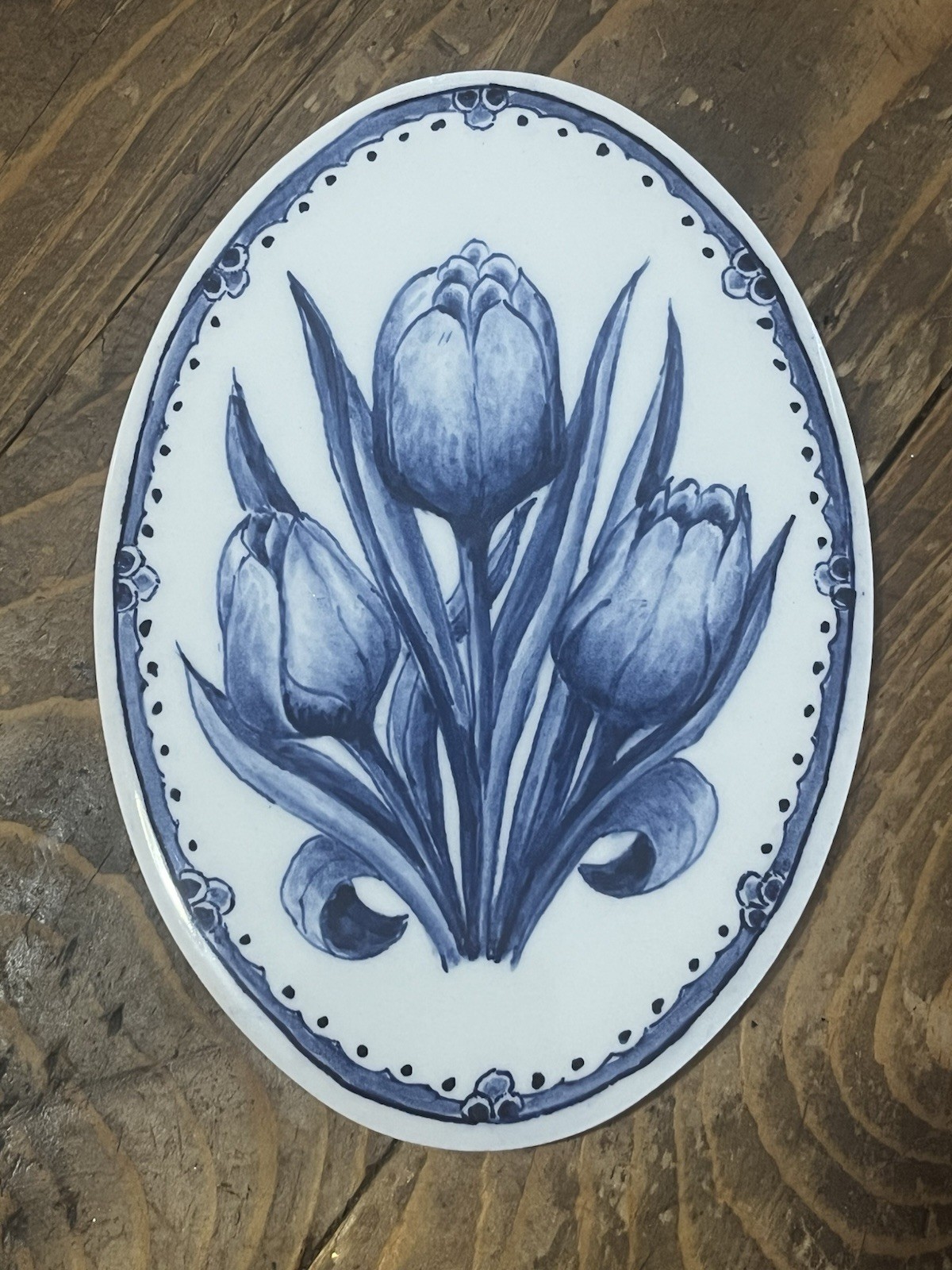 Vintage Delft Hand Painted Tulip Wall Plaque Blue White Dutch Ceramic 7”